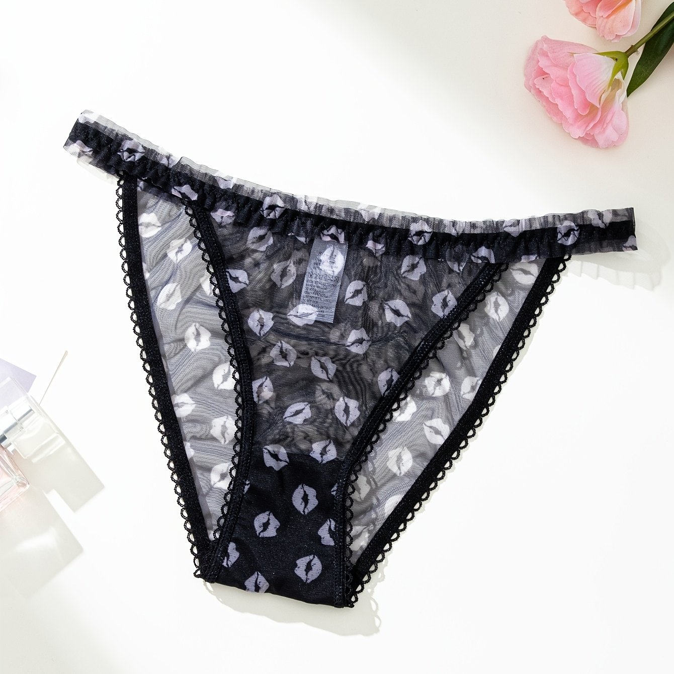 TEMU 1pc Women's Mesh Edge Waistband Low-rise Lace Triangle Pants