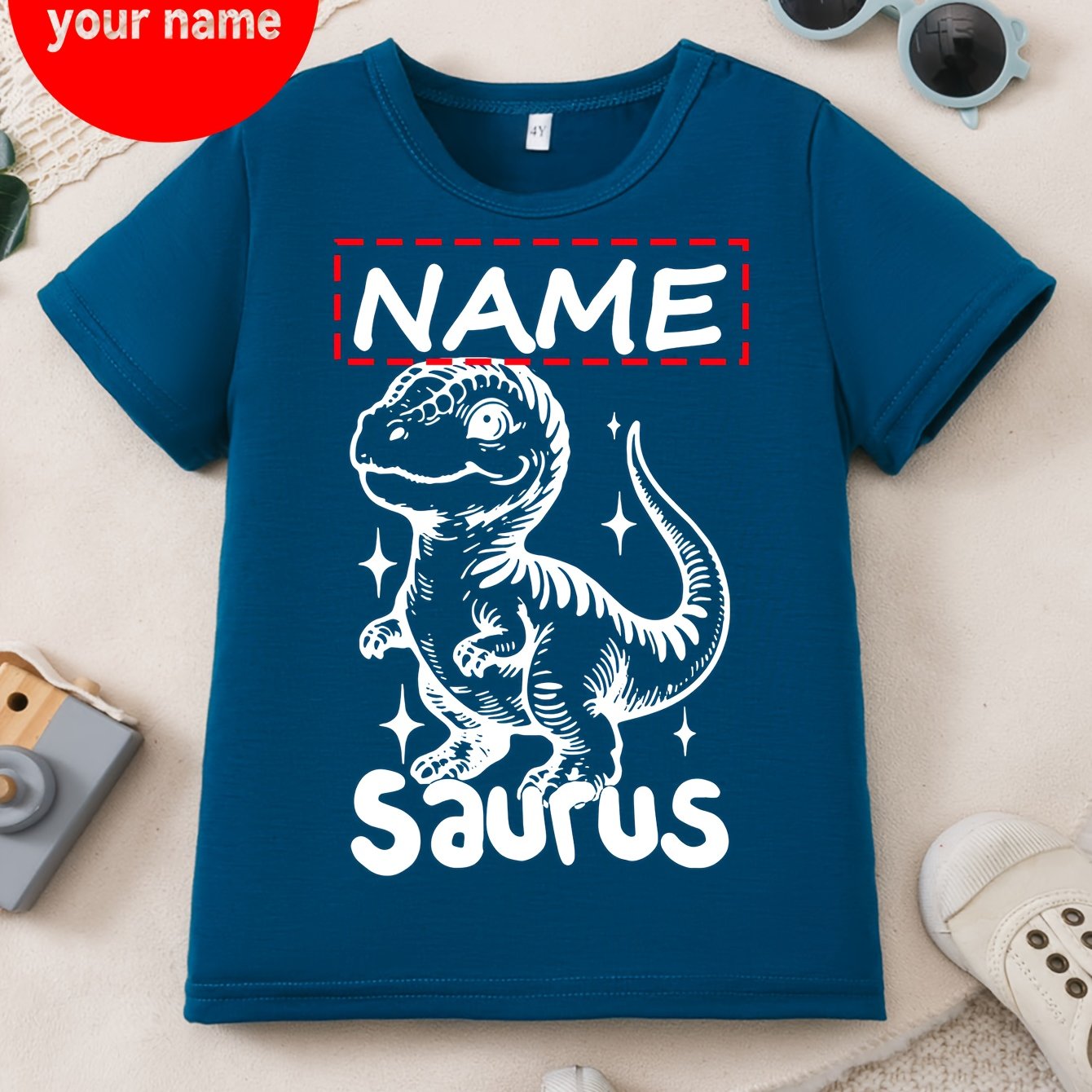 Image of Boys' T-shirt Name Customization Cute Dinosaur Pattern Printing Easy And Trendy Round Neck Outdoor Short Sleeve Home