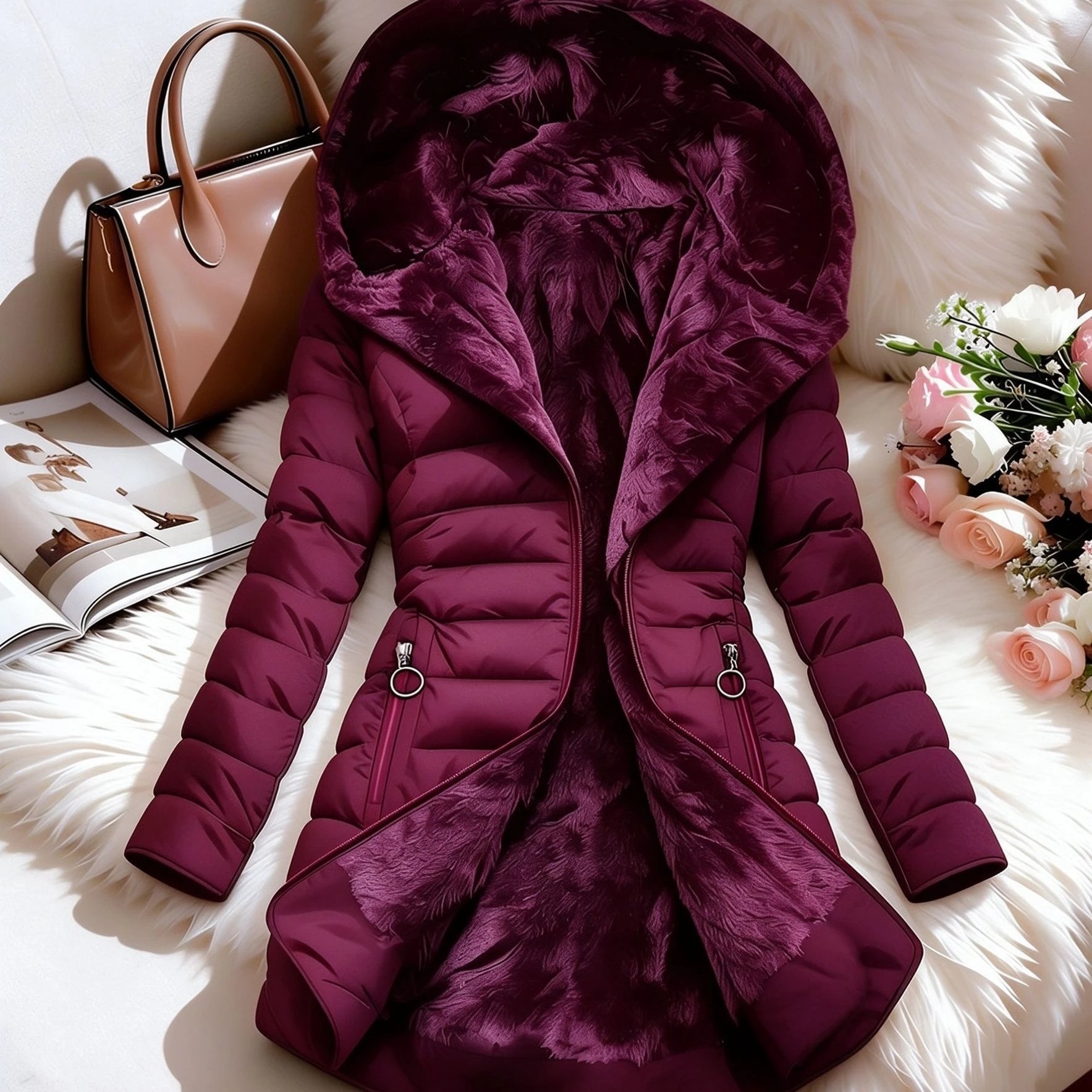 TEMU Women's Winter Clothing, Hooded Fleece-lined Jacket With Seam Detailing, Full-zip Mid-length Long Sleeve With Drawstring Pockets, Casual For
