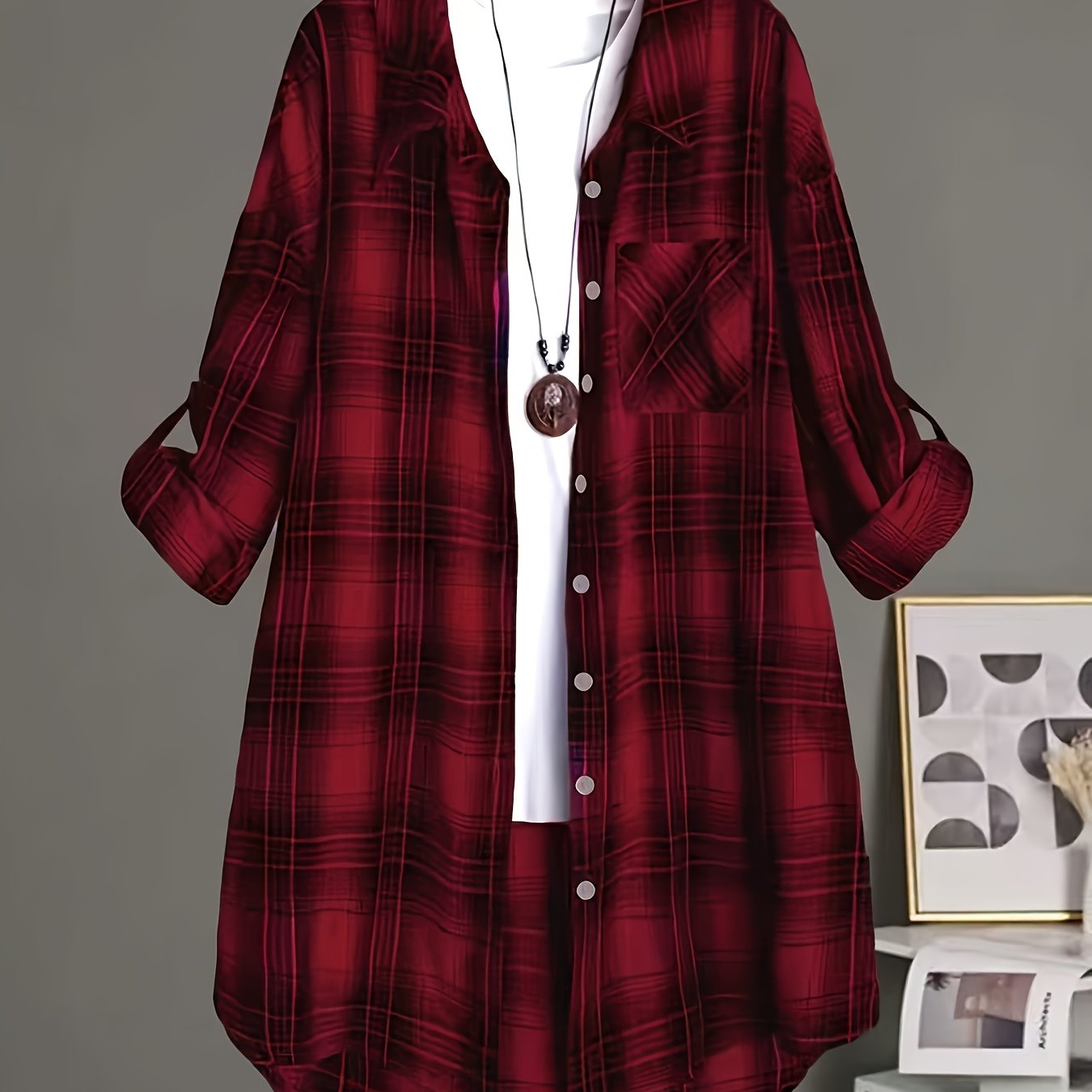 Image of Plus Size - Plus Size - Classic Tartan Check Shirt, Mid-length/spring/autumn Style/women's Clothing