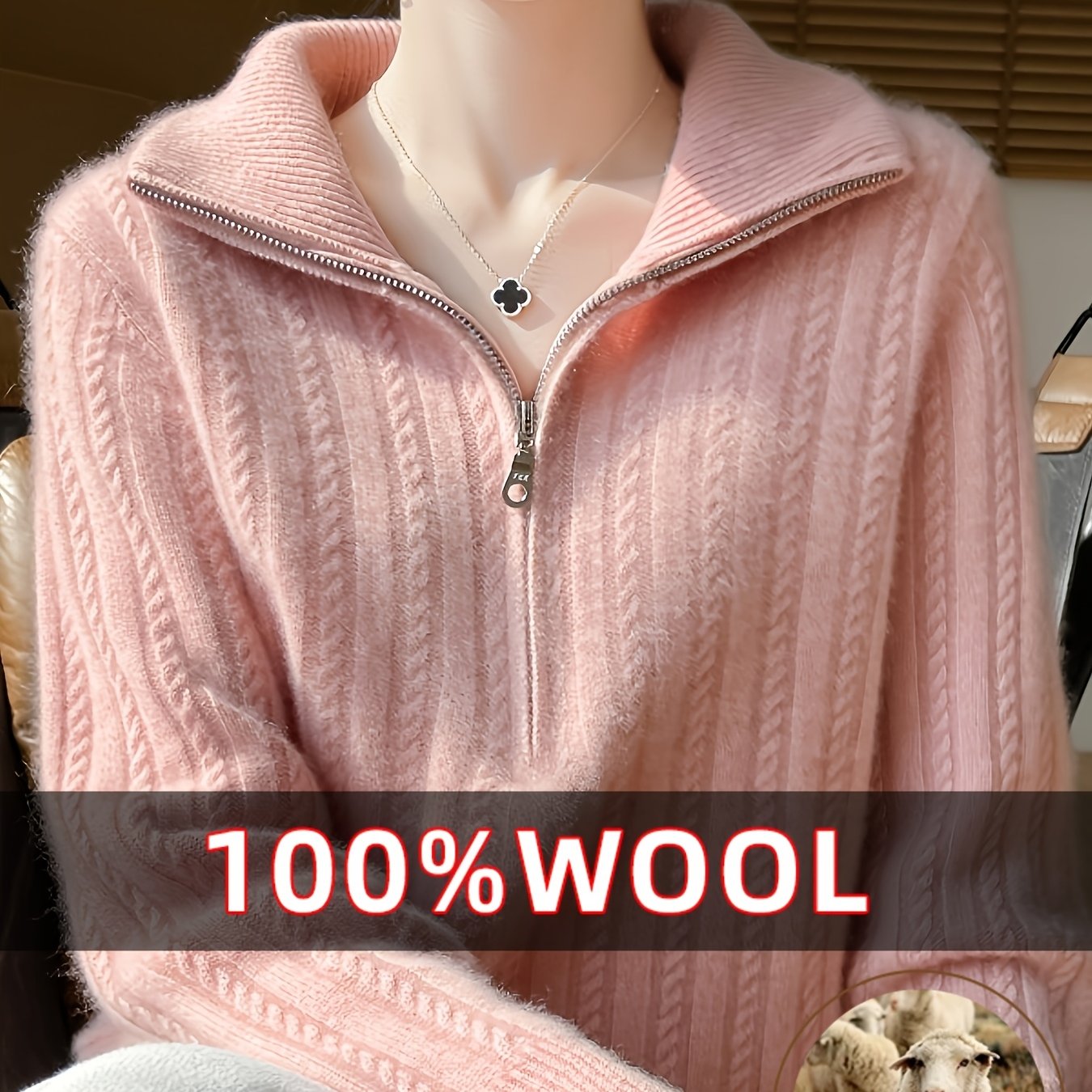 TEMU New Autumn/winter Women's Zipper Sweater With Small Collar, High-end Semi-high Neck, Wool Cardigan For Layering