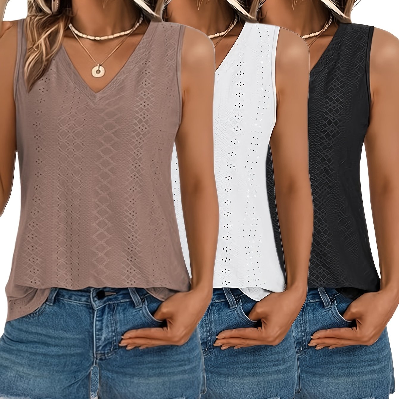2025 European And Women's Eyelet Embroidered Sleeveless V-neck Loose Tank Top 3pcs Set