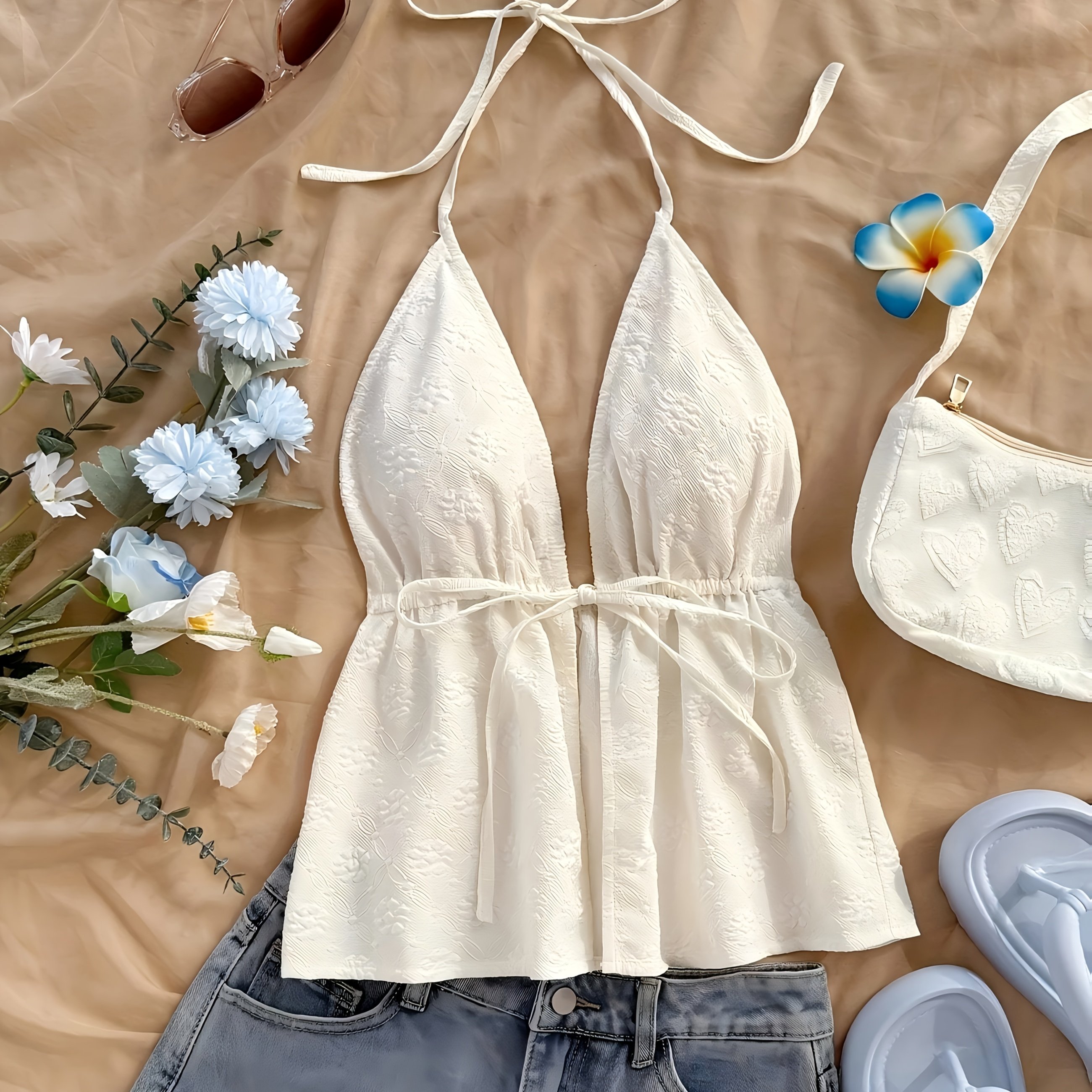 E-shop Damen weißes lässiges Träger-Top mit V-Ausschnitt, schulterfrei rückengebunden mit Trägerbindung. Geeignet für Frühling, Sommer, Herbst. Strand.