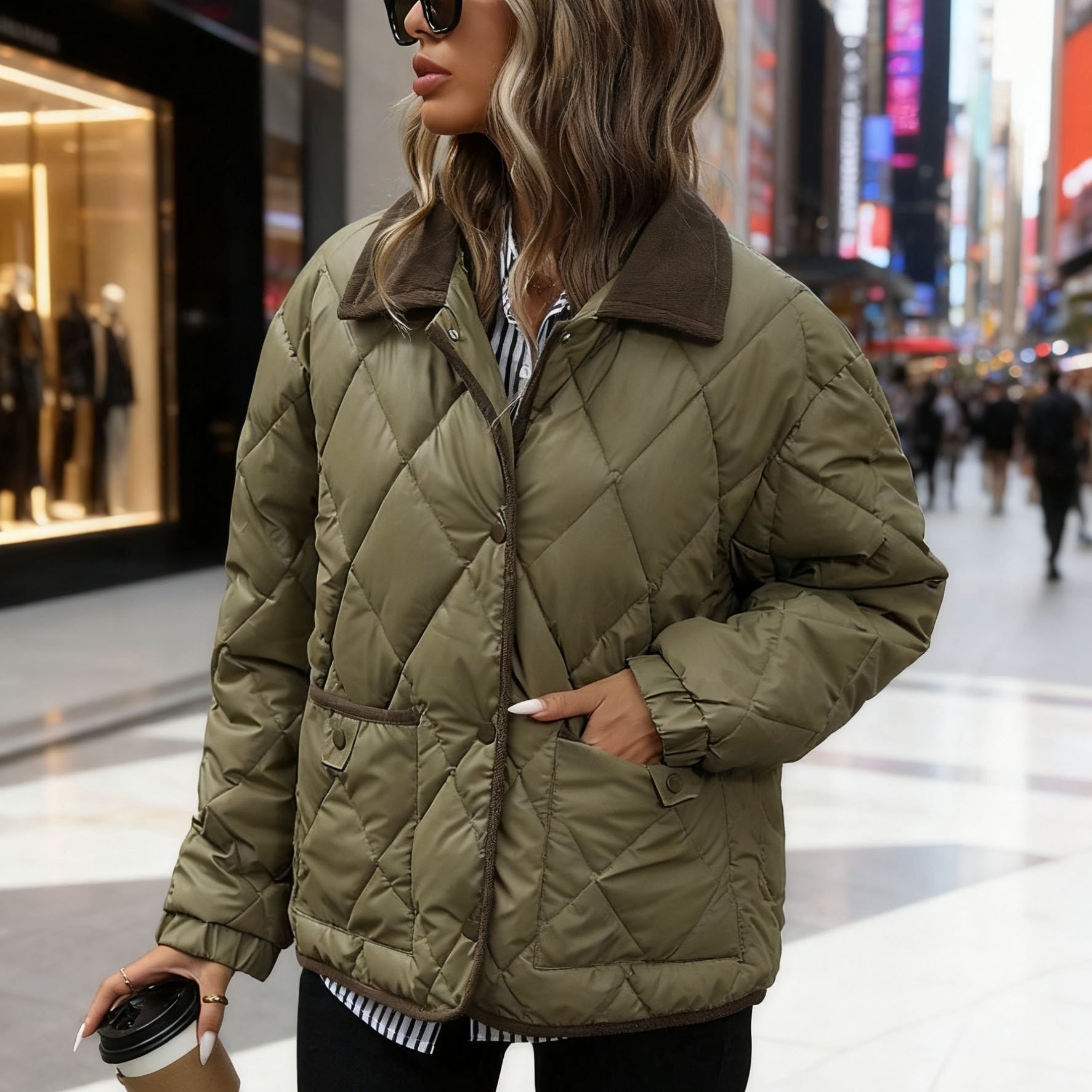 TEMU Chaqueta Acolchada de Diamantes para Mujer, Invierno, Nueva, Corta, Suelta, Gruesa, , Abrigo de con Diseño Patchwork