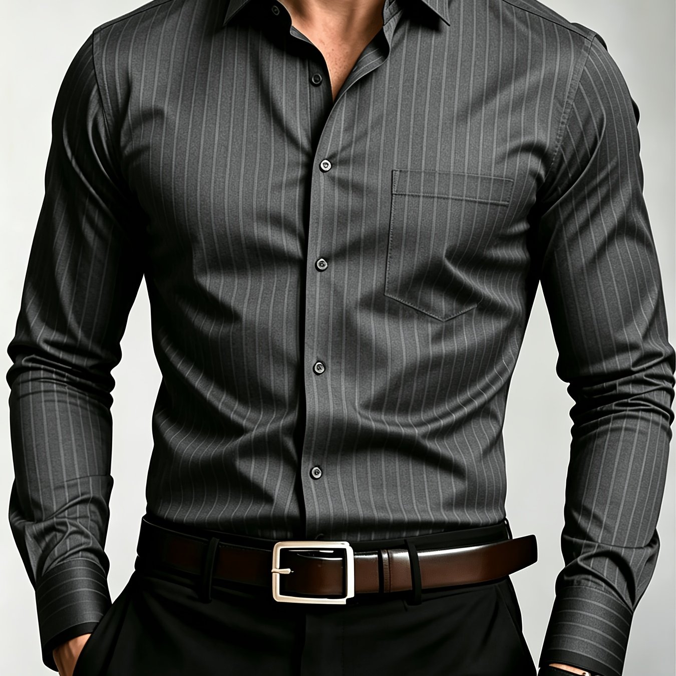 TEMU Business 100% Polyester Woven Dark Gray Vertical Striped Men's Long Sleeve Shirt Button Shirt With Chest Pocket Wrinkle Resistant Drapey For