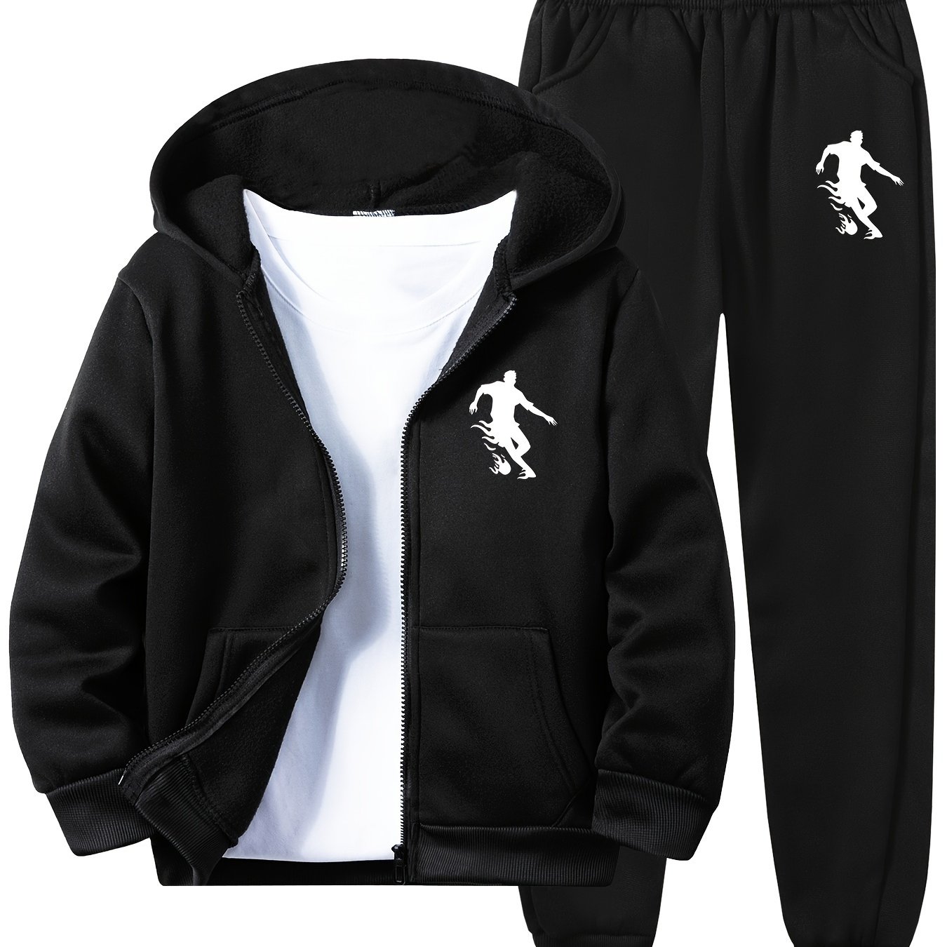 Image of 2pcs Boys' Fashion Zip-up Hoodie And Jogger Set, Soccer Player Print Kids' Fall Winter Fleece Casual Athletic Outfit, Suitable For Jogging And Casual Wear, For Outdoor