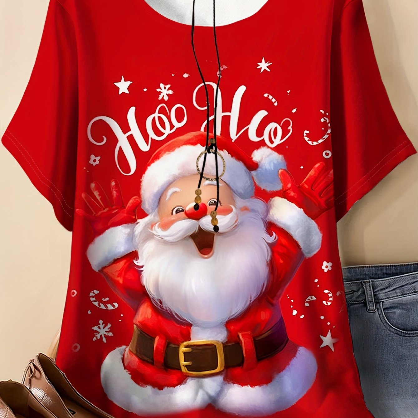 TEMU Plus Size - Plus Size - Santa Claus Illustration, , Black Hat, Red Belt, White Stars And Candy Size Women's T-shirt Print, Round Neck