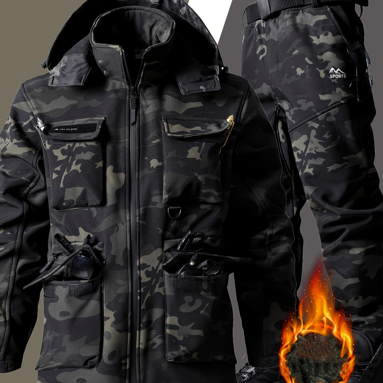 Image of Men's Set, Casual Jacket Set, Workwear Jacket, Long Pants, Fleece Jacket, Thick Autumn And Winter Jacket, Hooded Zipper Pocket Pants