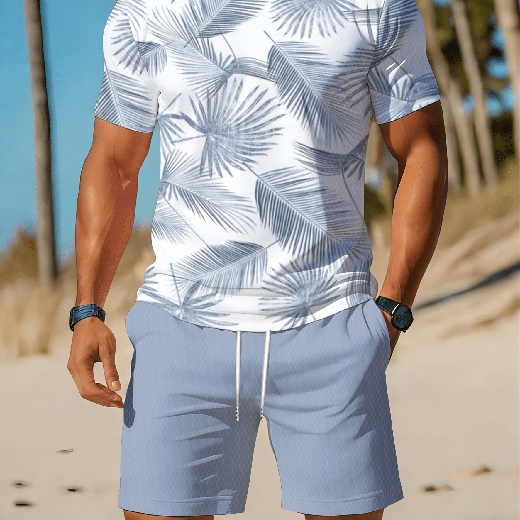 TEMU Men's Casual Sportswear Set, Breathable Outdoor Leisure Round Neck T-shirt And Shorts Set, Summer Set For Adults