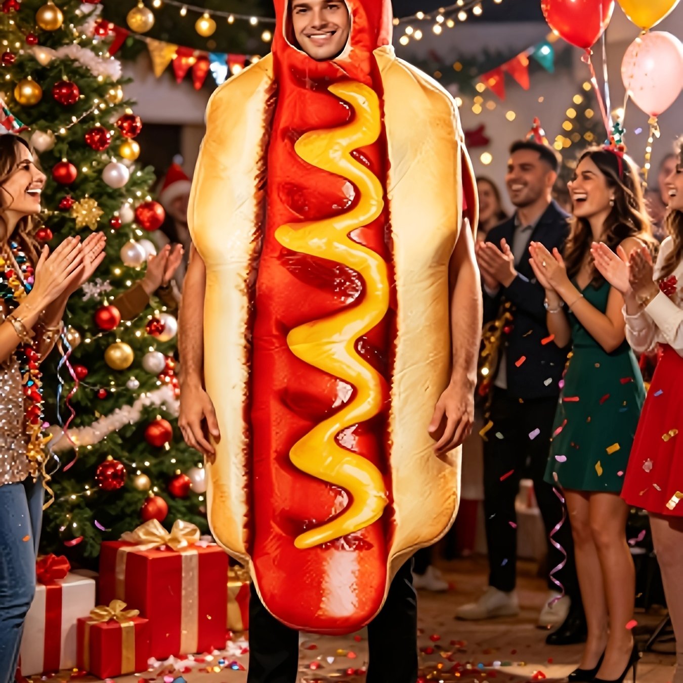TEMU Costume amusant de hot-dog pour adulte, tenue de déguisement fantaisie de rapide, combinaison de cosplay ample à capuche pour Friday, de Noël,