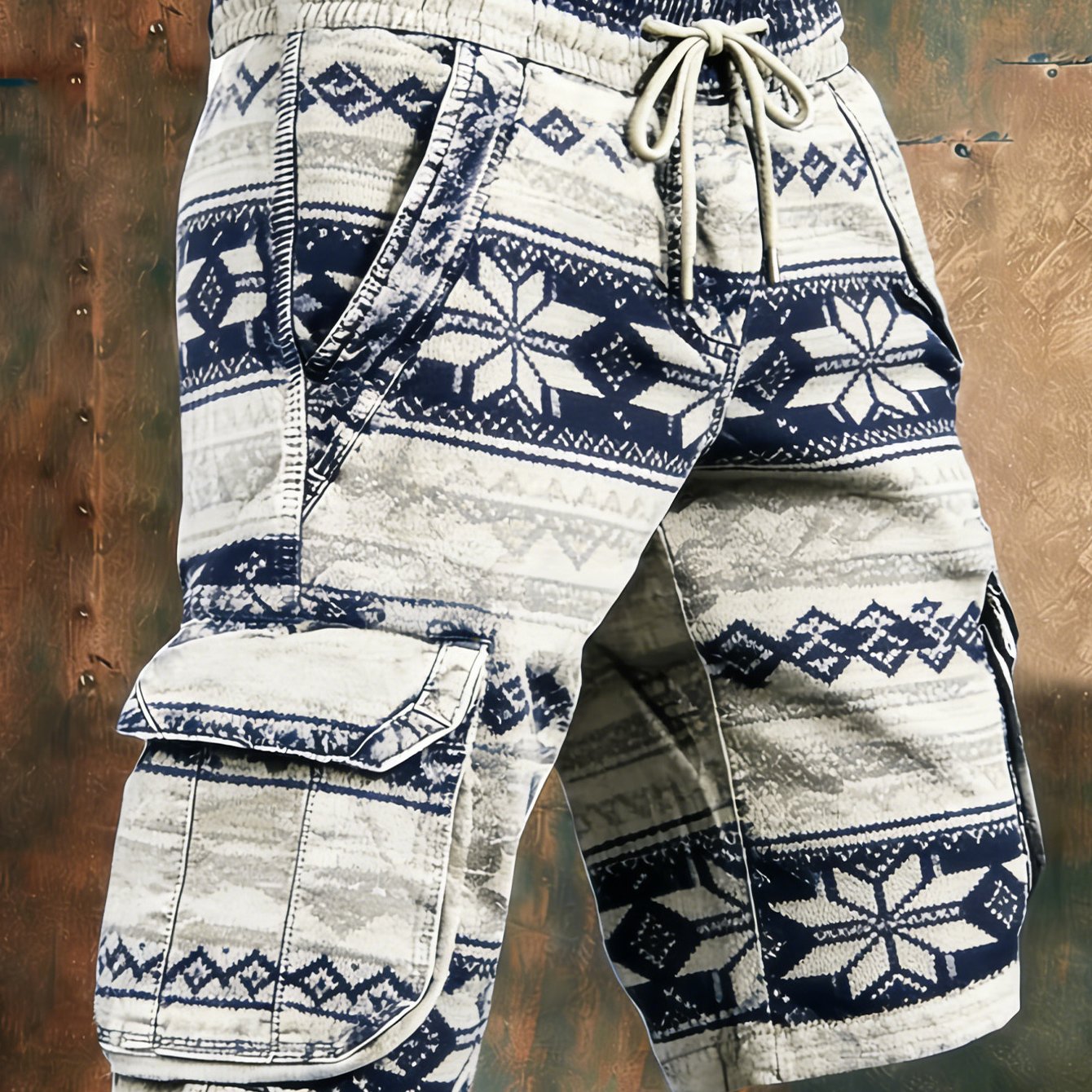 Image of Men's Retro Ethnic Cargo Shorts - Navy Snowflake Geometric Print & Multi-pocket Shorts Suitable For Summer Casual Wear, Outdoor Activities, Machine Washable Drawstring Shorts With Utility Pockets