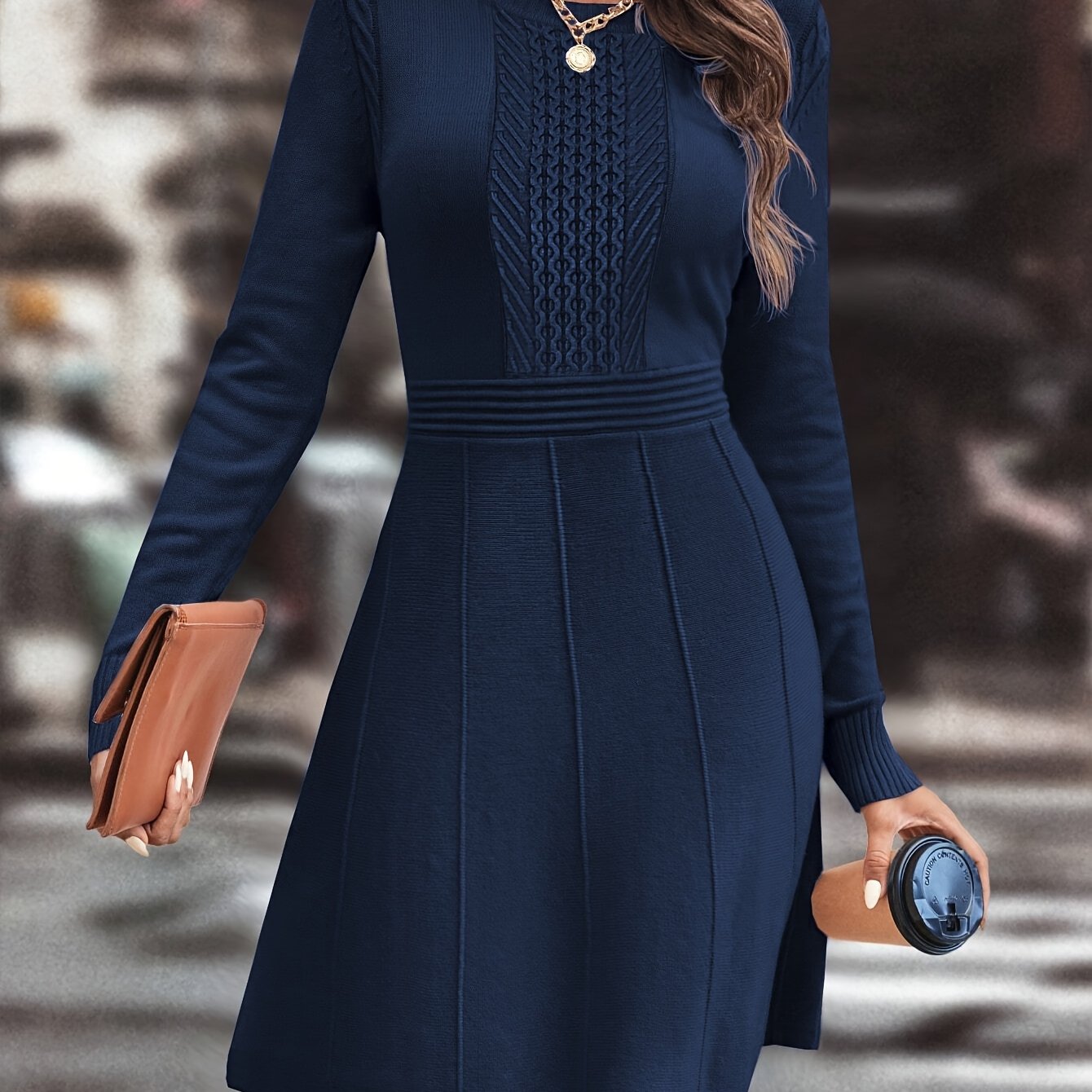 E-shop Damen Herbst Party Casual Mode Urlaub Temperament Pendeln Vielseitig Einfarbig Rundhals Intellektuell Schmal A-Linie Sanft Elegant Strickkleid