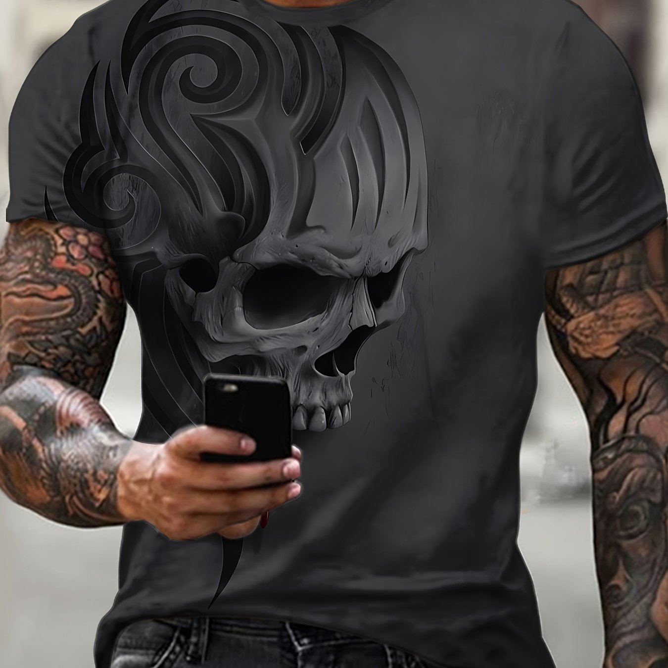 E-shop Fashion Herrenhemd in großen Größen, Freizeit-Hemd mit Muster, Komplexes Totenkopf-Design, Polyester- und Elasthan-Mischung, Rundhalsausschnitt,