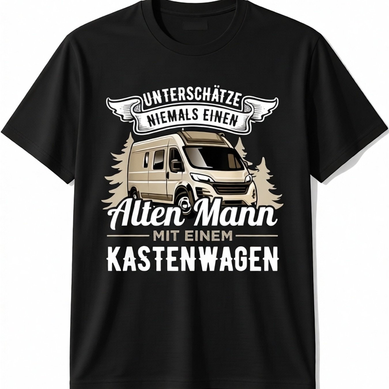Plus Size Men's Van T-shirt - Retro Road Trip Tee With ' An Old For In A Box Van' Slogan Print, Casual Round Neck Short Sleeve Shirt Suitable For Rv Enthusiasts, Road Trips, Camping