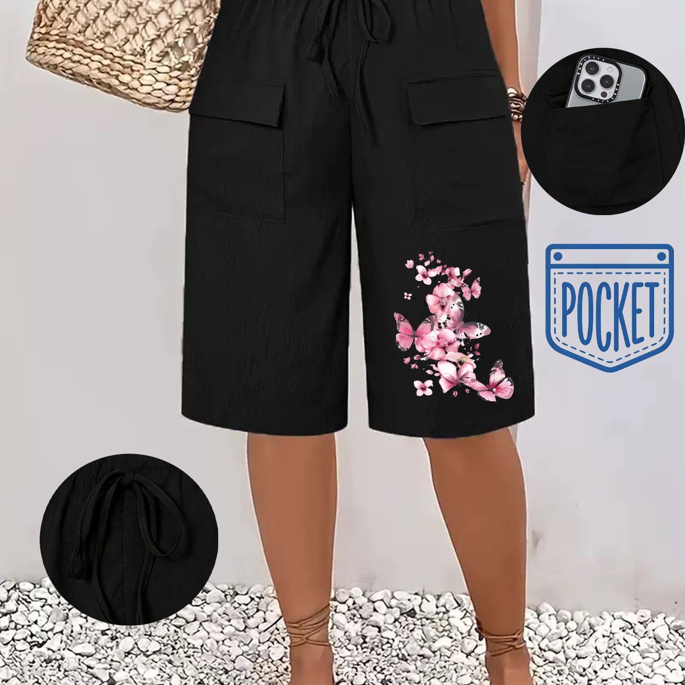 TEMU Women's Knee-length Shorts, S And Casual Pants, Stylish And Unique Printed Women's Shorts, Spring/summer Season, Solid Color Shorts With Double