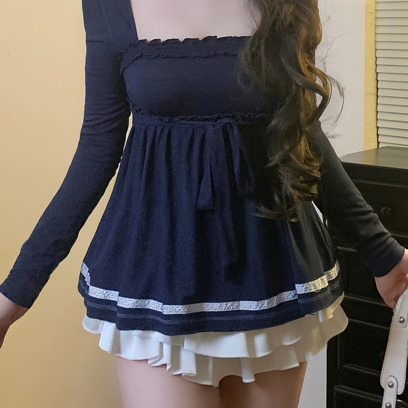 Women's French Style Elegant Ruffled Sleeve Blouse with Puffed Short Waist - A-Line Smock Top, Solid Navy Blue & White Puff Sleeve, Machine Washable Winter Fall Winter Layering Piece, Korean Japanese Inspired Casual to Formal Outfits, Fitted Bodice with Ruffled Neckline and Waist-Cinching Tie Detail, Chic and Feminine Solid Color Design for Autumn and Winter Wear