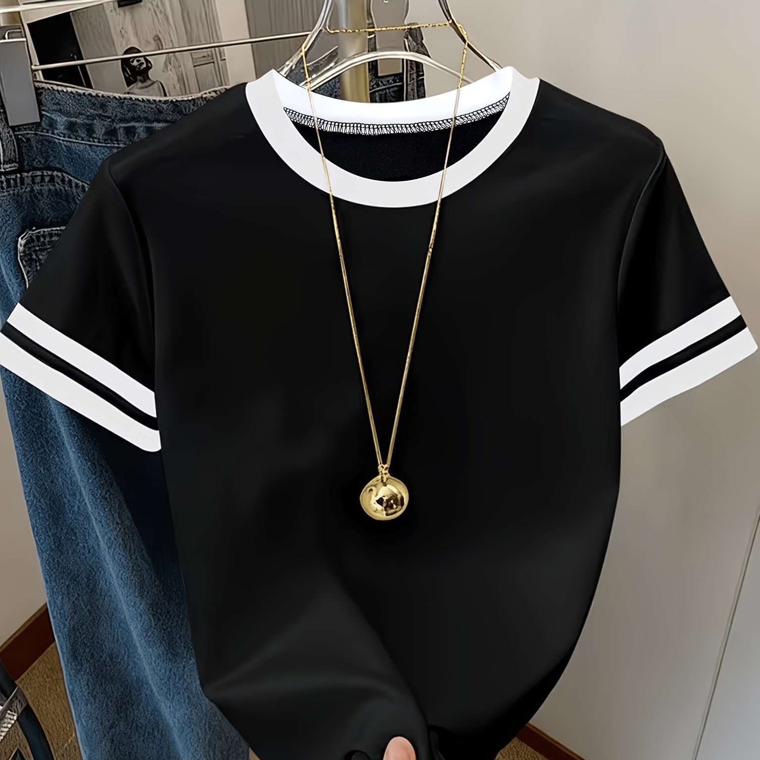 TEMU Women's Striped, Color-block, Solid Color, Fashionable, Casual, Sporty, Round Neck, Short-sleeve T-shirt