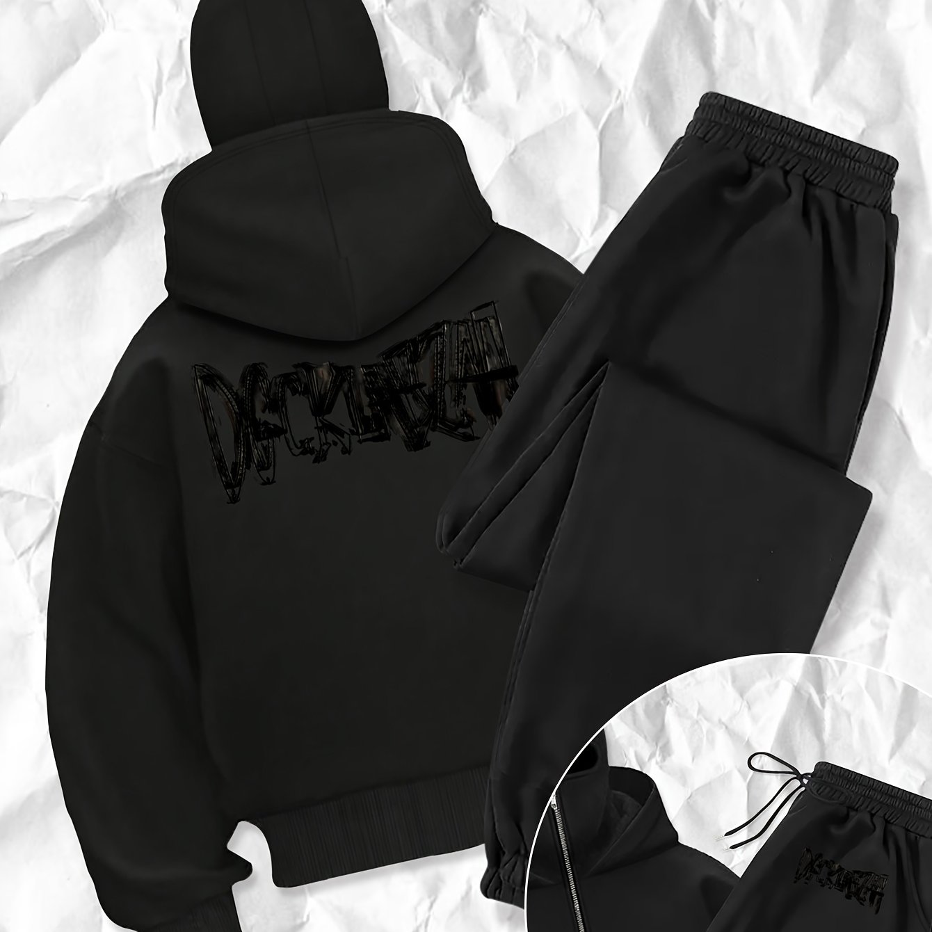TEMU A Set Of Casual Women's Fashion Featuring A Creatively Printed Balaclava Jacket And Drawstring Pants, Perfect For Autumn And Winter