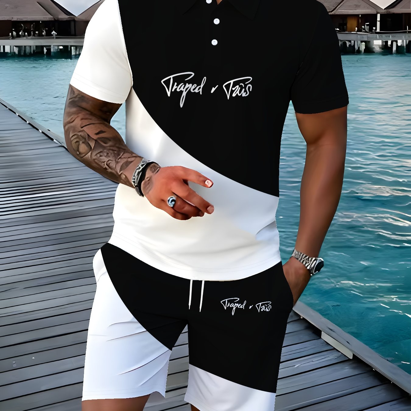 TEMU 2pcs Men's Versatile Summer Shorts Set, Tapered Waist Drawstring Utility Pockets Outfit, Fashionable Beach Vacation Outdoor, Gym
