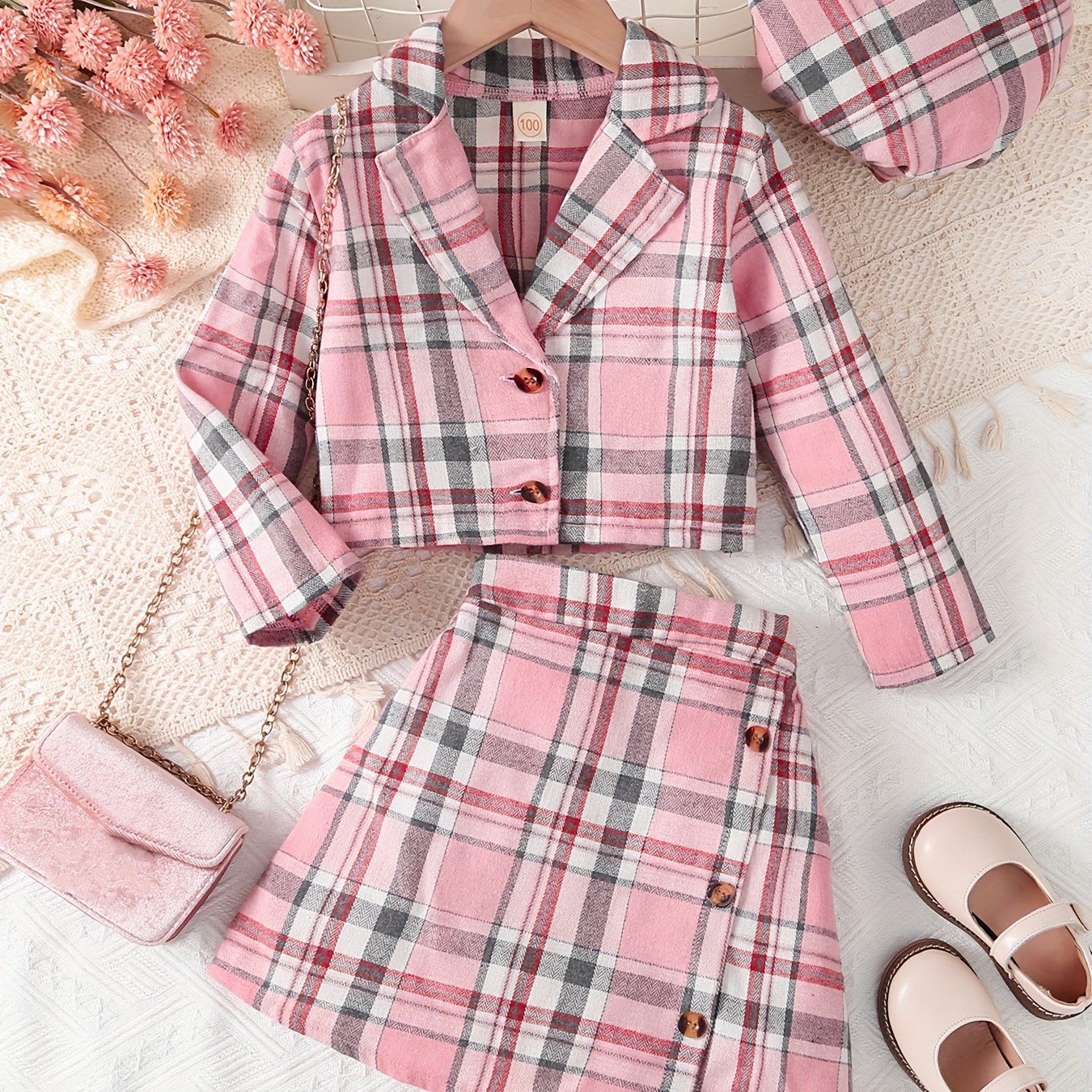 Image of Teenage Two-color Lapel Crop Jacket And Asymmetrical Hem Skirt And Hat Autumn And Winter Skirt Three-piece Set