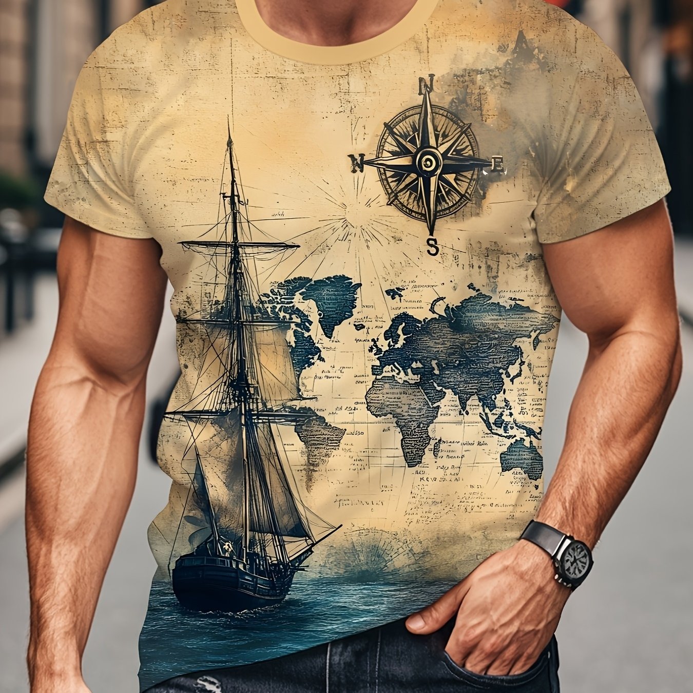 TEMU Men's T-shirt, Short-sleeve Printed Tee, Nautical Sailboat And Map Background Pattern Print, Summer Fashion Streetwear Casual Sportswear For Men