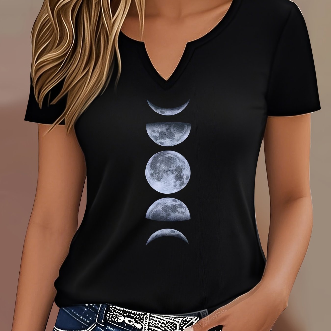 TEMU Letter Print T-shirt, Short Sleeve V Neck Casual Top For Summer & Spring, Women's Clothing