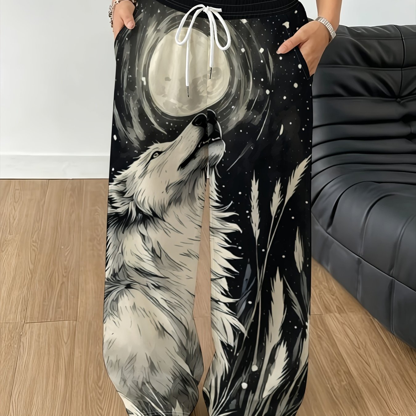 TEMU Women's Fashion Casual Wide-leg Pants With Wolf Print, Drawstring Elastic Waist, Long Outdoor S Pants For Spring And Autumn