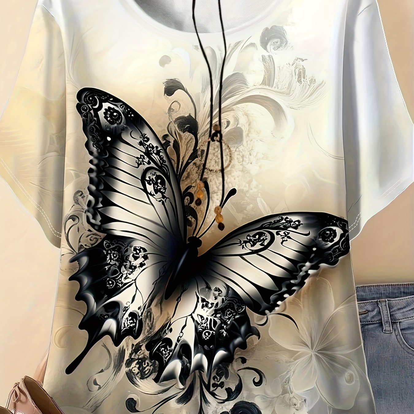 TEMU Damen-T-Shirt in Übergröße mit Schmetterlingsdruck kurzen Ärmeln – Elegantes lässiges Oberteil mit Rundhalsausschnitt, lebendiger Digitaldruck,