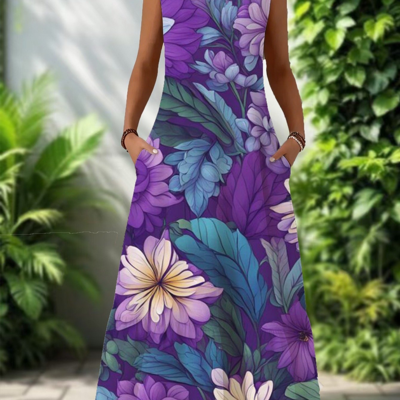 Plus Size, Large Size Elegant Purple Flower Printed Sleeveless Dress | Breathable Fabric, Contrasting , Loose H-neck, Flared Skirt Medium And Long, Suitable For , Multi-functional, Women's Fashion