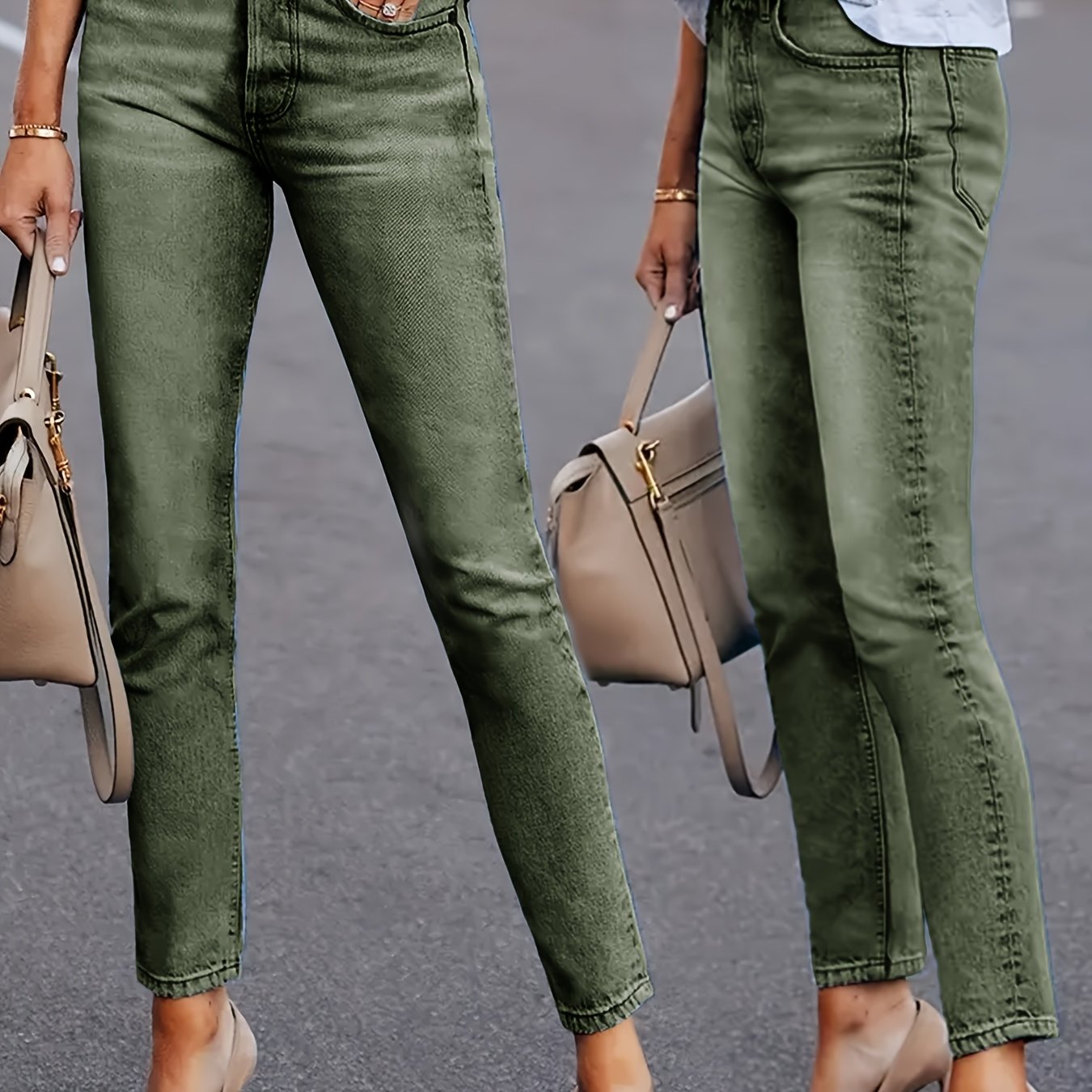Image of Women's Fashion Stretch Denim Trousers, -washed Military Green Casual Pants, , Suitable For Dates, Weekend Gatherings And Work Outfits, Slim Pants Wearable All Year Round
