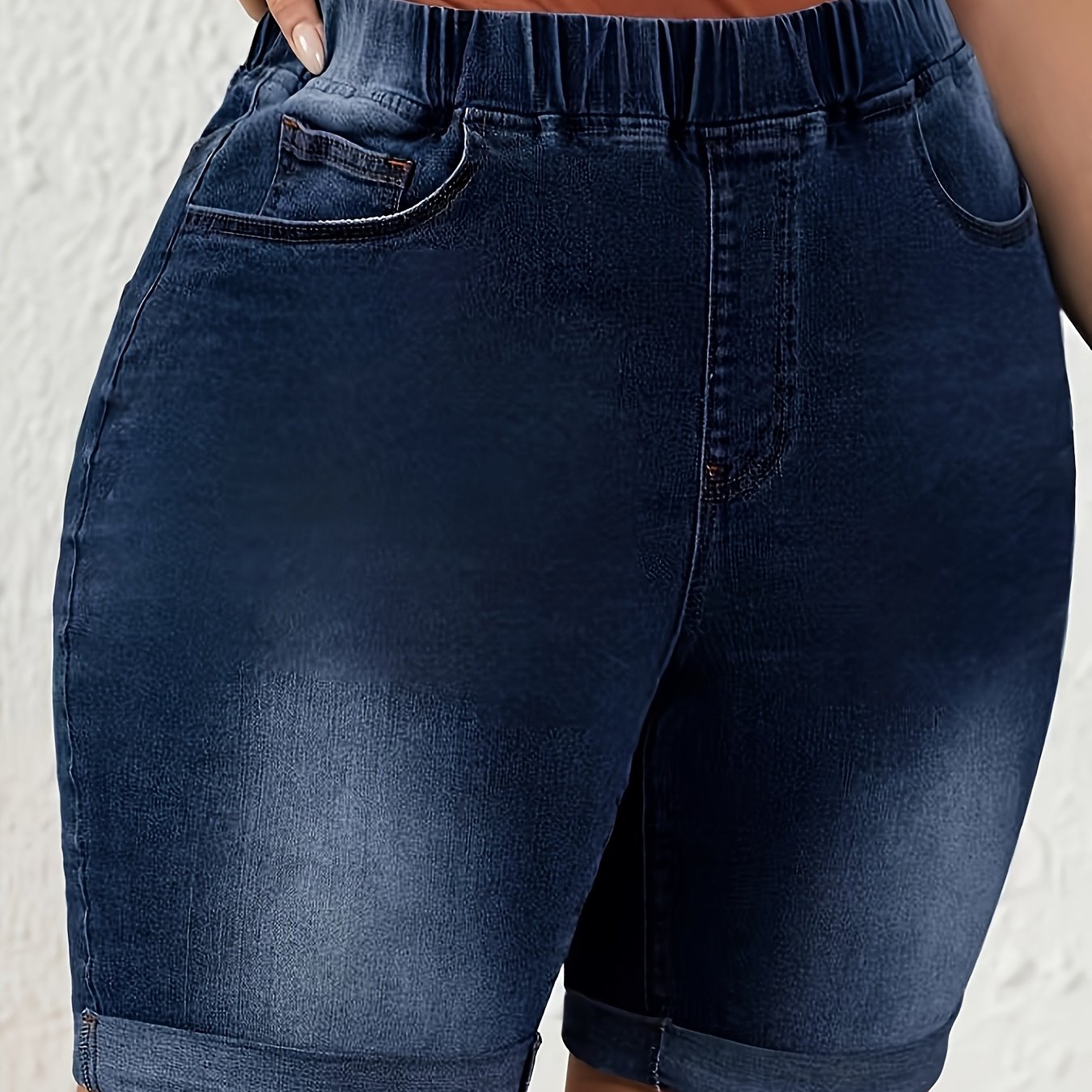 Spring/summer Plus Size Women's Stretch Denim Shorts, Dark Blue Washed Denim Shorts With Solid Buttons And Roll-up Hem, Drawstring Waist Women's Denim Apparel