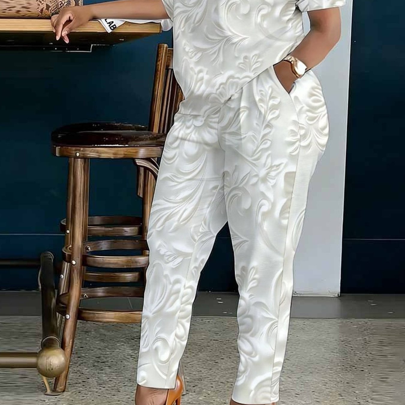 Image of Plus Size, Large-size Marble-pattern Printed Women's Suit, Loose Short-sleeved Straight Pants, Perfect For Shopping And Gatherings, Fashionable 2pcs Set