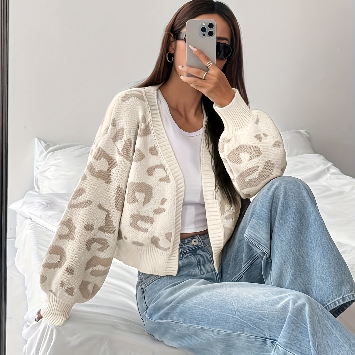 Image of -neck, Leopard Print, Long-sleeved, Casual And Elegant Cardigan Sweater Jacket For Women In Autumn And Winter