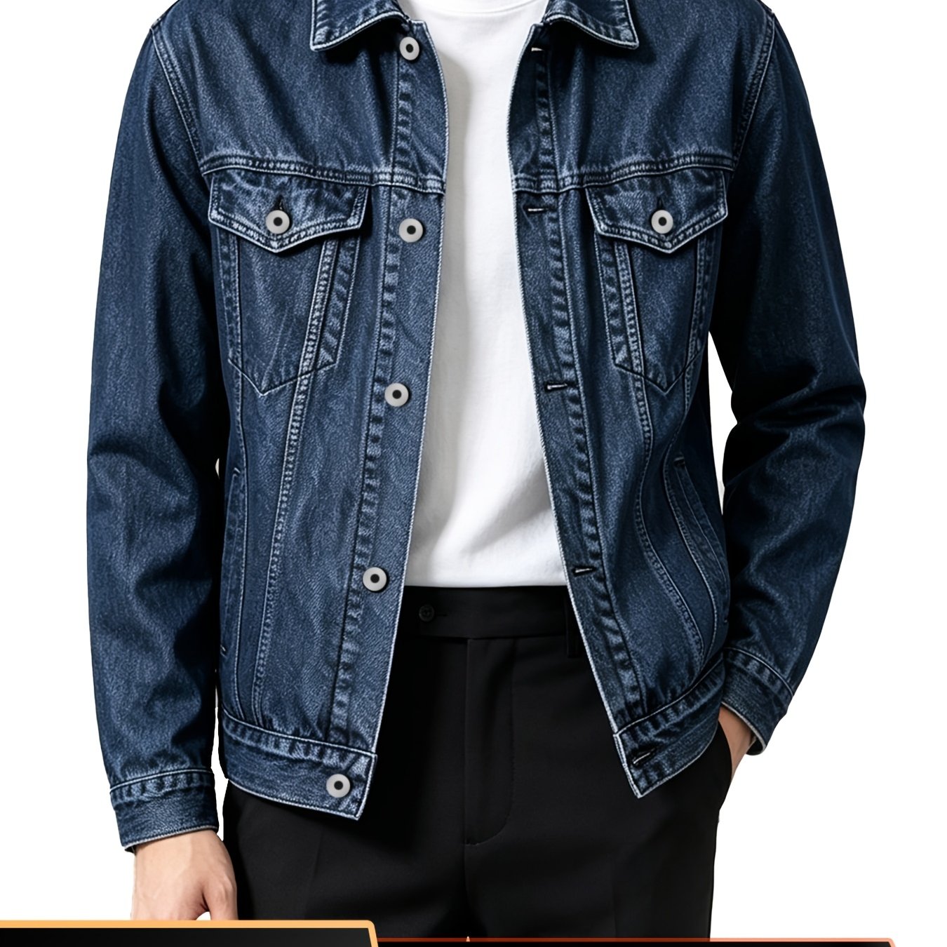 Image of Unisex Soft Fabric Denim Jacket, 100% Cotton Trucker Jacket, Vintage Washed Casual Outerwear, Turn- Collar Denim Coat, Fade Resistant Jean Jacket, Spring Autumn Fashion Denim Outerwear For Men's