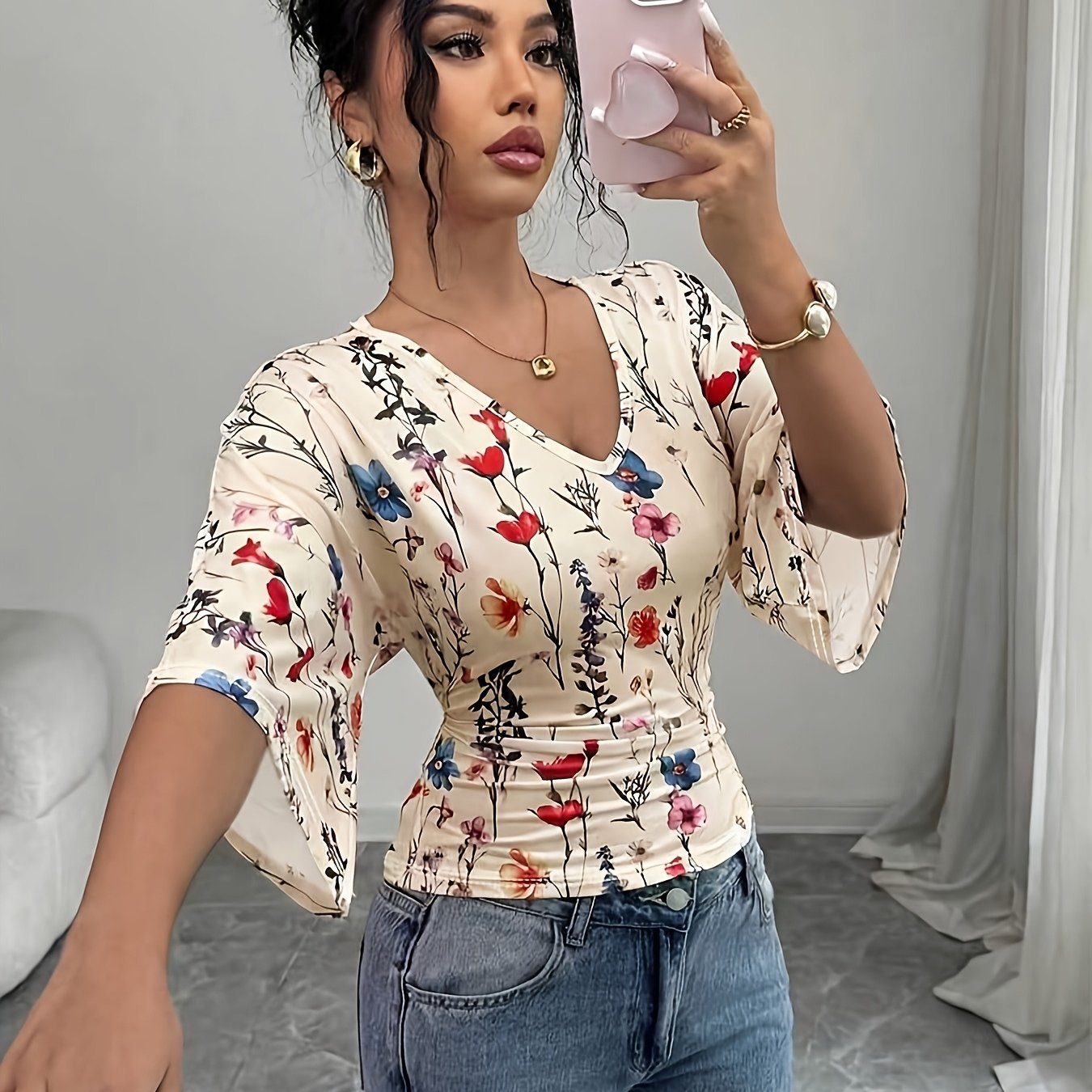 TEMU Romantic V-neck Waist-cinching Floral Print Top, Elegant Flared Mid-sleeve Slim-fit Versatile T-shirt, Suitable For Dates, Parties, Gatherings,
