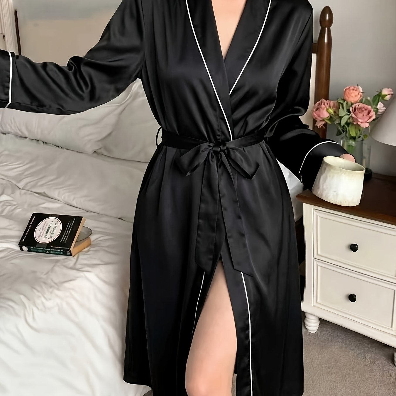 TEMU Black Satin Nightgown Ladies Elegant Luxury High-grade Ice Nightgown Women, Long-sleeved Hotel Bathrobes Worn Spring And Autumn And Summer.