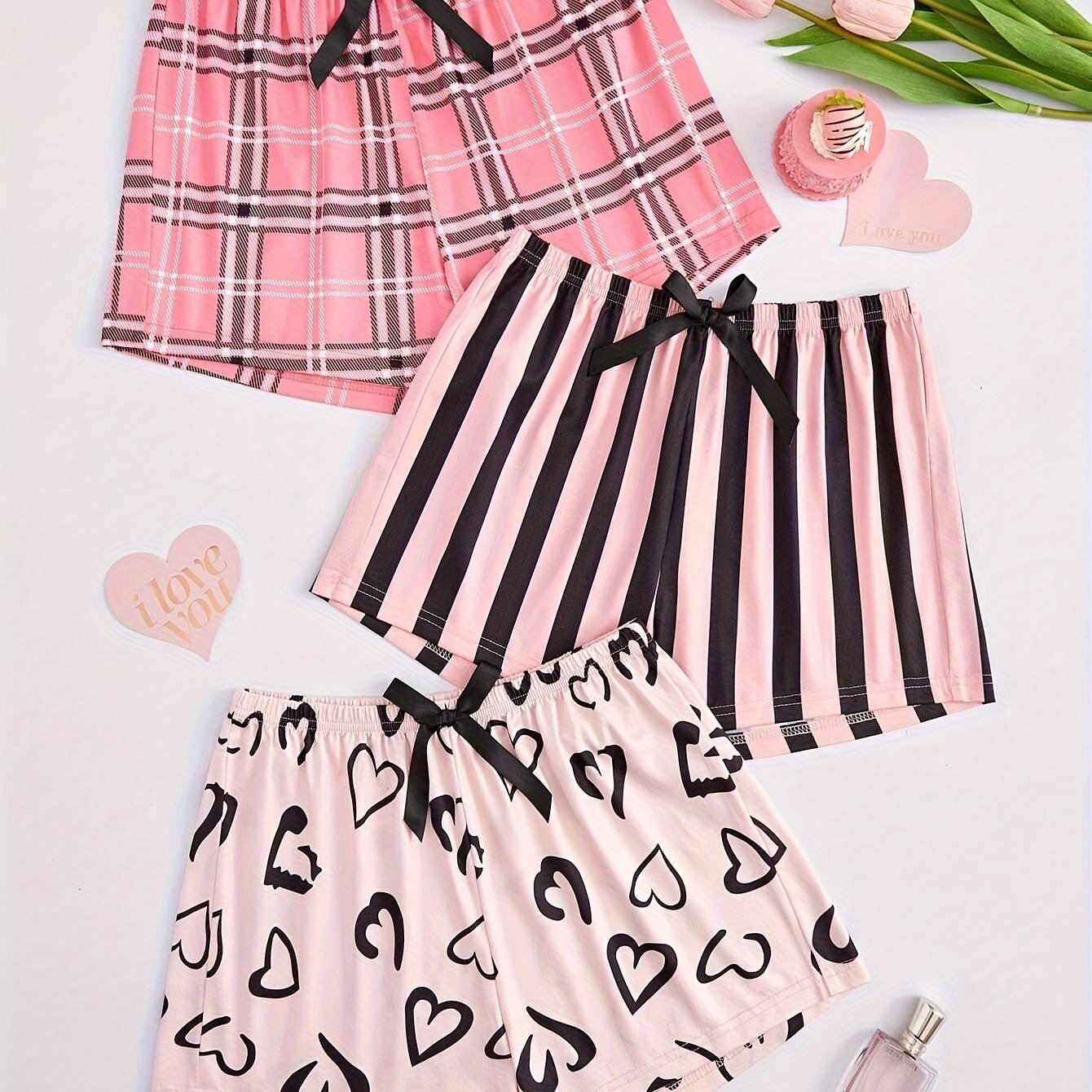 Image of 3-pack Women's Printed Elastic Waist Shorts With Bowknot, Casual Pajama Bottoms, Cozy , & Stripes & Heart Patterns