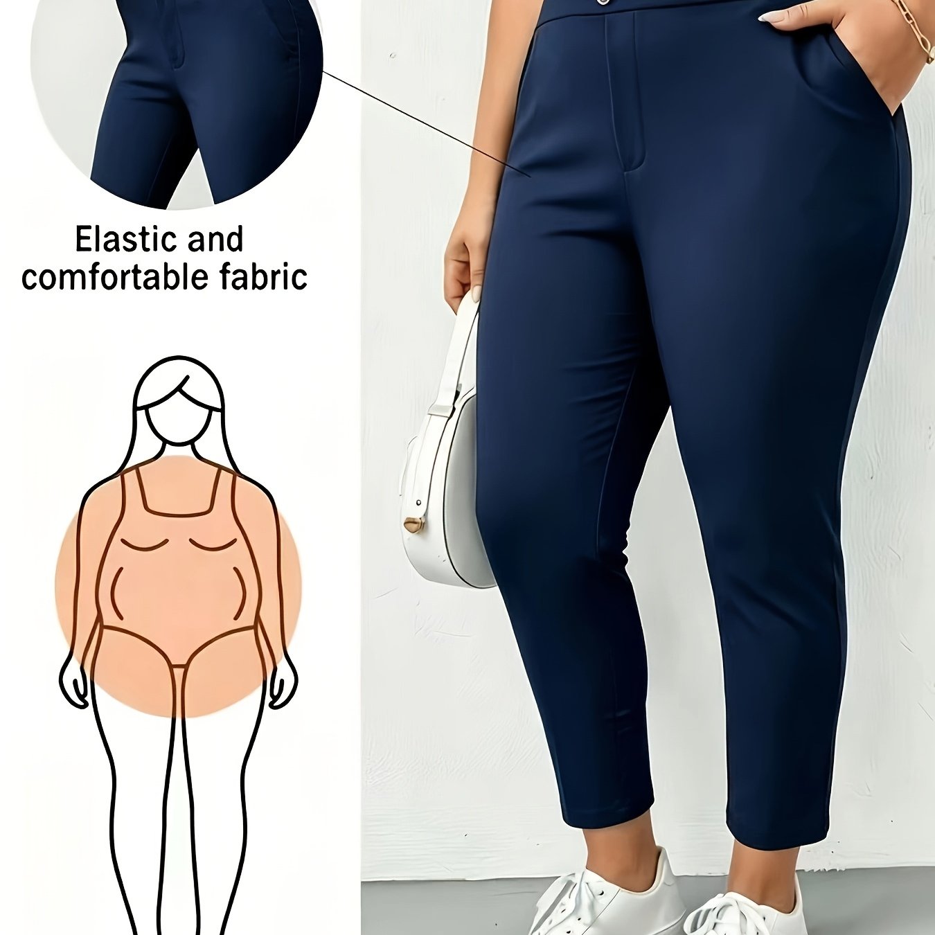 TEMU Plus Size Women's Fashion Casual Stretch Comfortable Daily Basic Trousers, Multi-functional Slim Fit Elastic Pants, Curve Pants, Work Trousers,