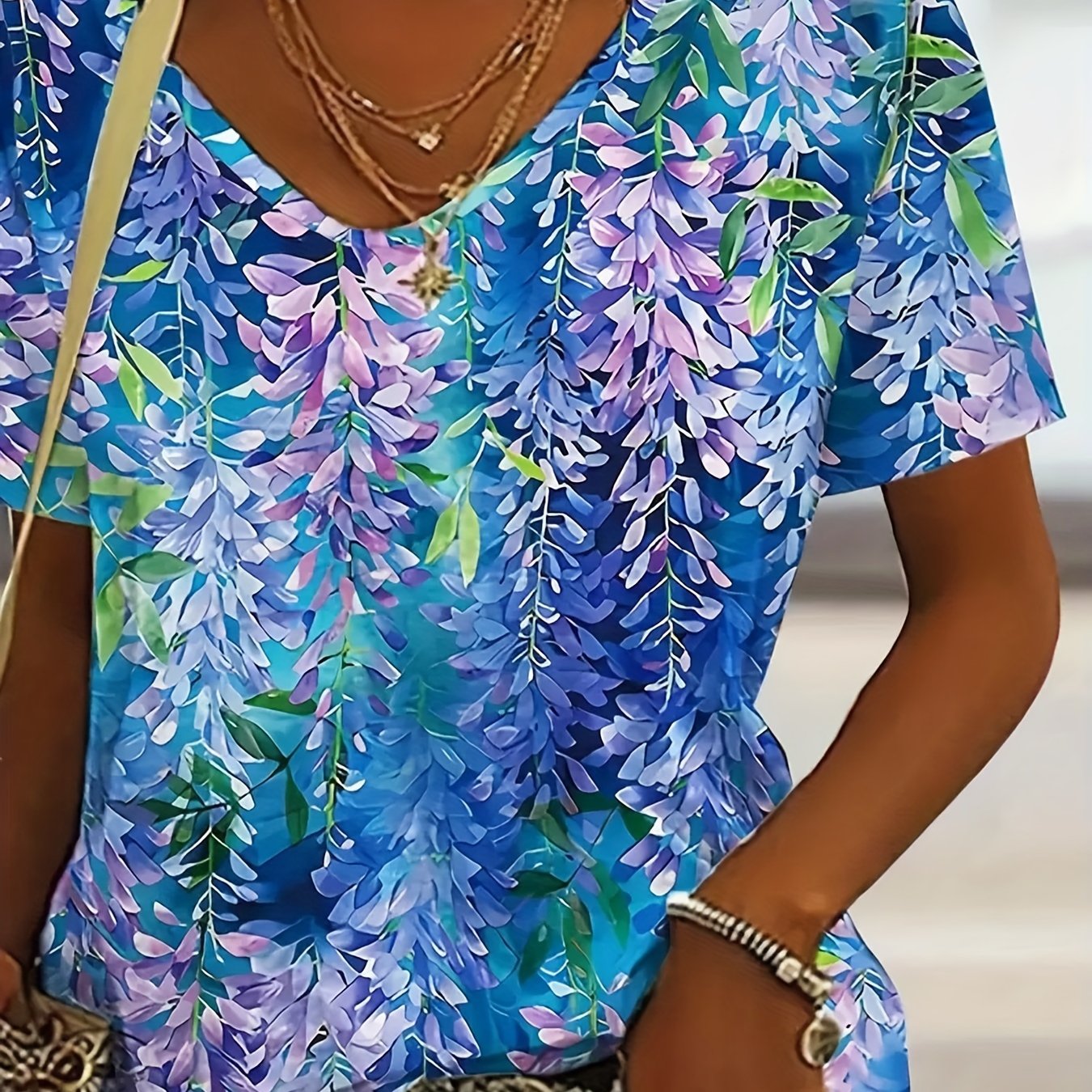 Image of Plus Size, Colorful Plant Print T-shirt, Casual Short Sleeve T-shirt For , Women's Clothing