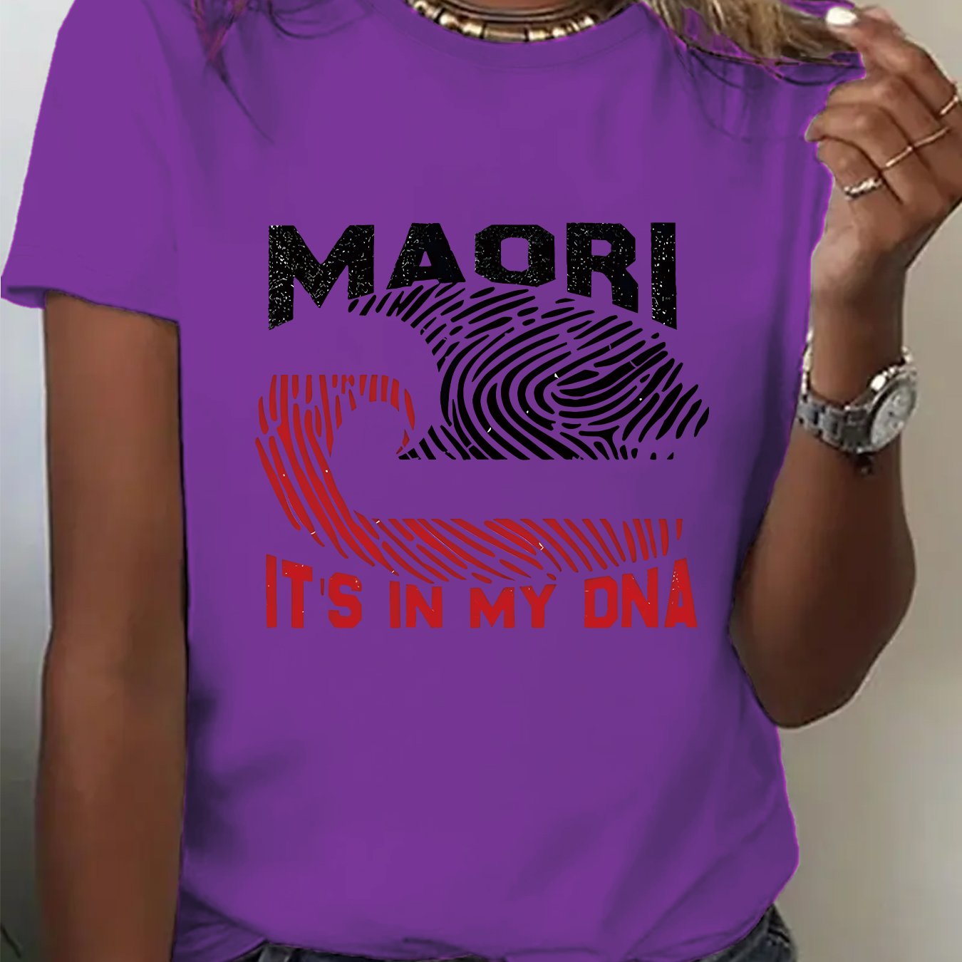 TEMU Women's T-shirt With Fingerprint Wave Pattern And "maori It' " Text Graphic Print, Standard Size, Crew Neck