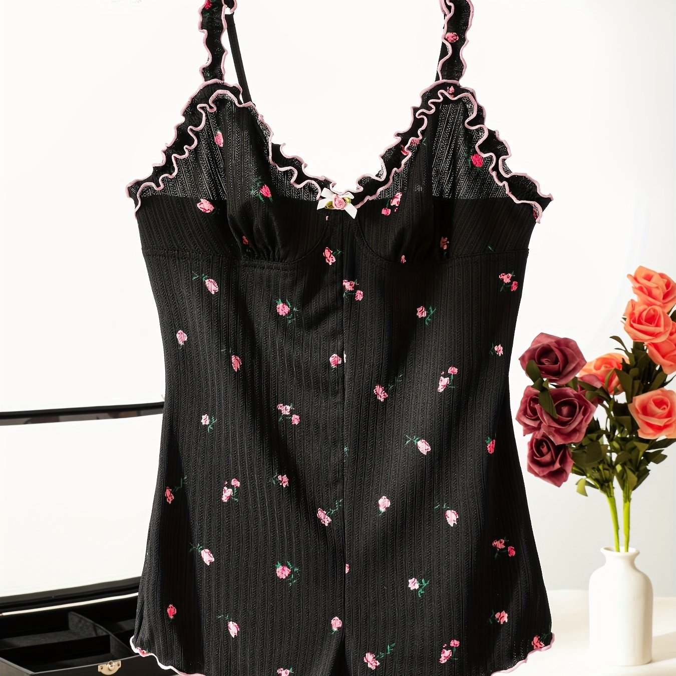 TEMU 1pc Women's Jumpsuit Suspender Pajamas, Small Floral, Comfortable, Homewear
