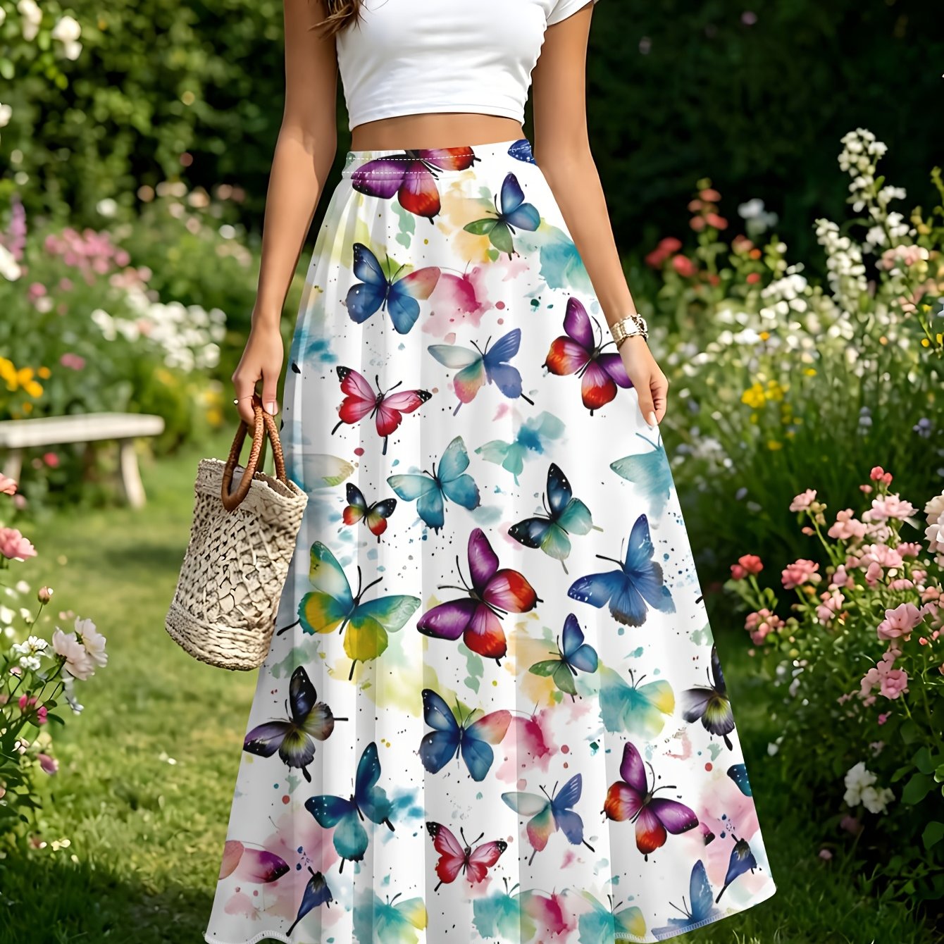 TEMU Women's Summer Watercolor Print Midi Skirt, High Waist Flowy Maxi Skirt, Summer Casual