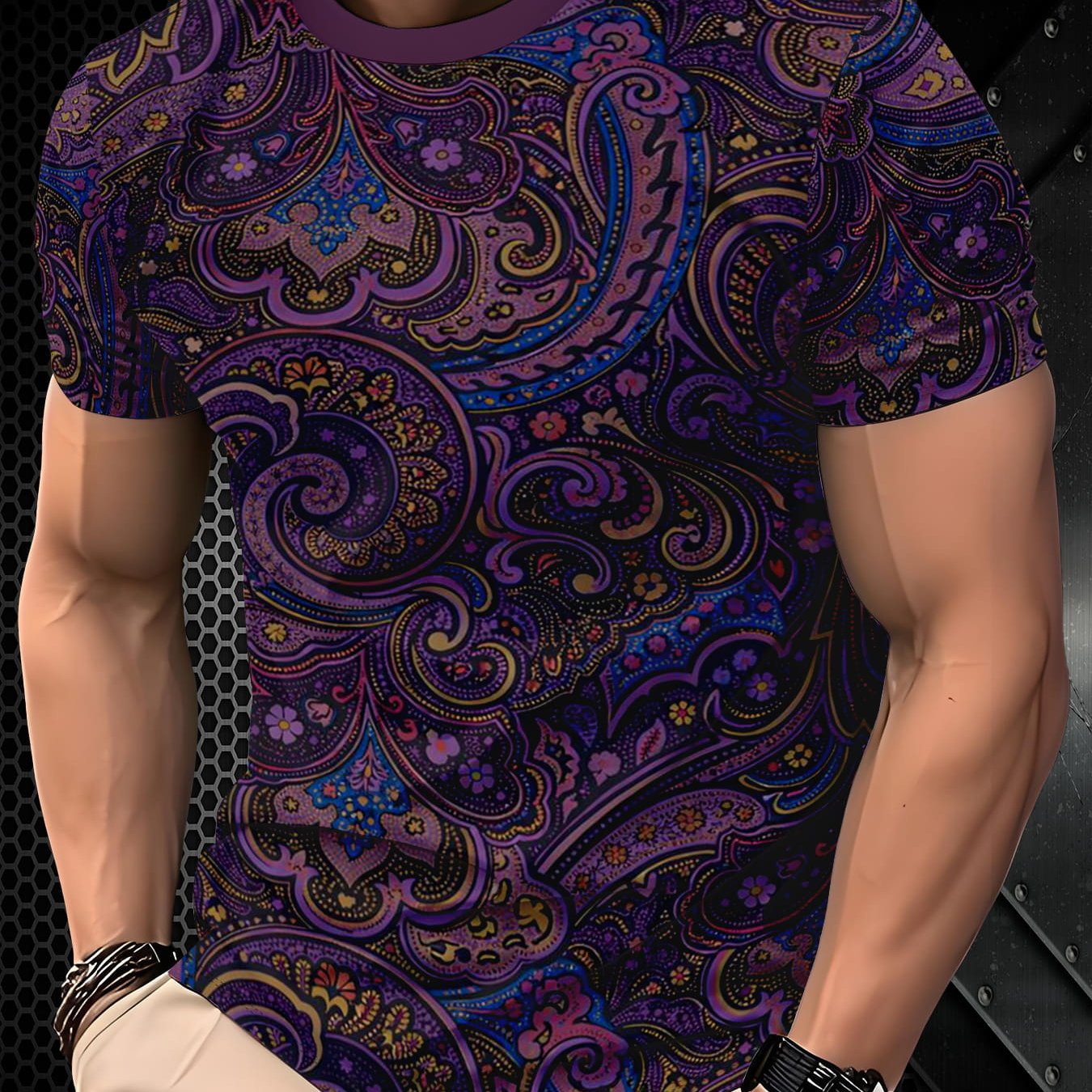 TEMU Plus Size Men's Polyester Clothing, Intricate Paisley Swirls And Floral Exotic . 3d Print The Fabric With , Lightweight Breathable Material