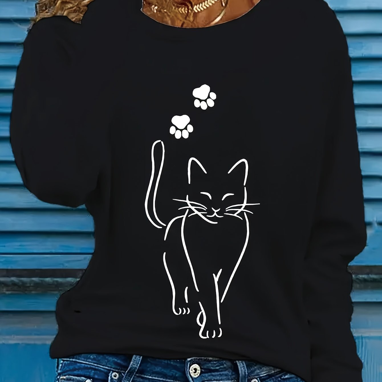 TEMU T-shirt à manches longues confortable et polyvalent avec un motif de chaton