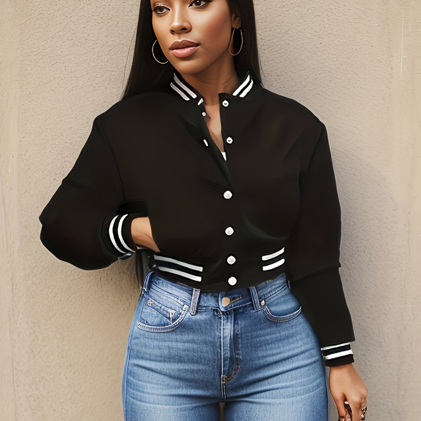 E-shop 2025 Frühling und Herbst Europäische und Amerikanische Damen Einfarbige Einreihige Baseballjacke Oberbekleidung