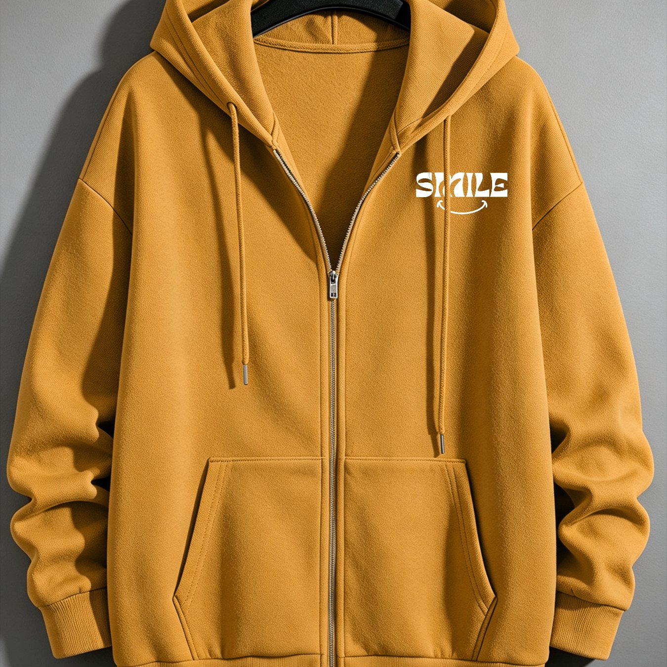 Image of Autumn Men's Zip-up Hoodie With Smile Print, Lightweight Jacket, Street Style, Local Warehouse, Loose Fit Long Sleeve Casual Coat