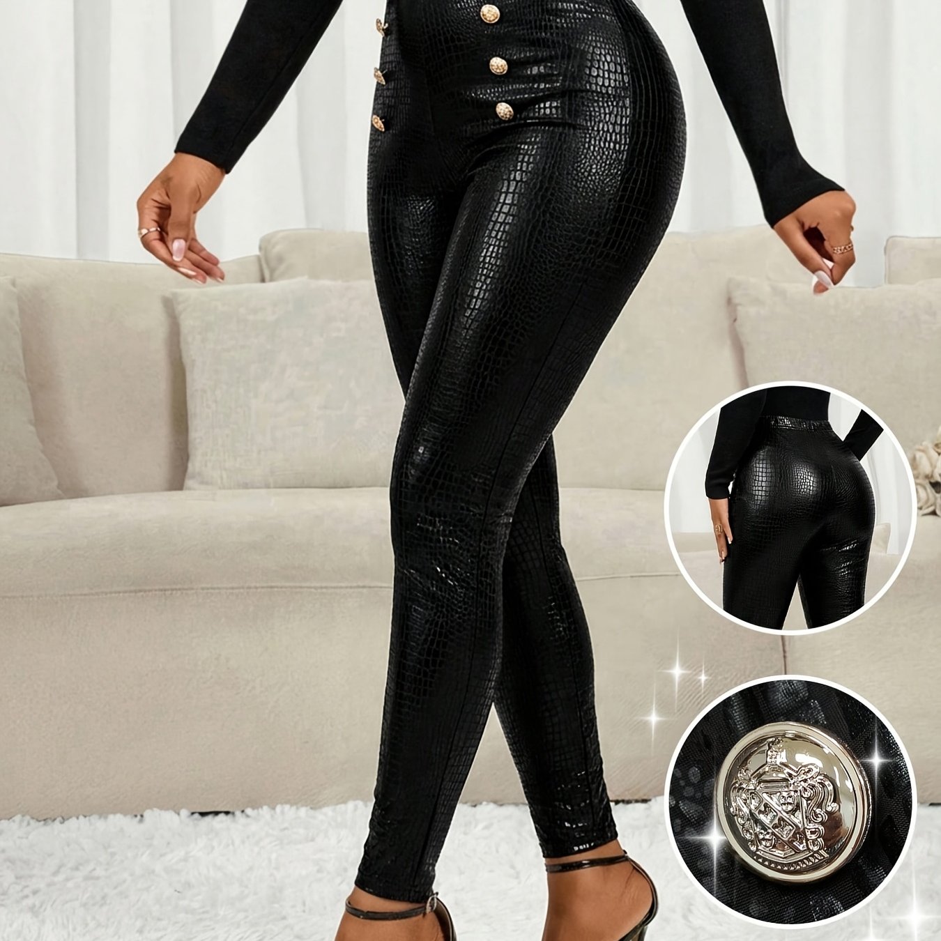 TEMU Women's New Style For Autumn Winter, Decorative Button Design On Waist, Elastic, Casual Elegant, Korean Women's Fashion, -hugging High-waist