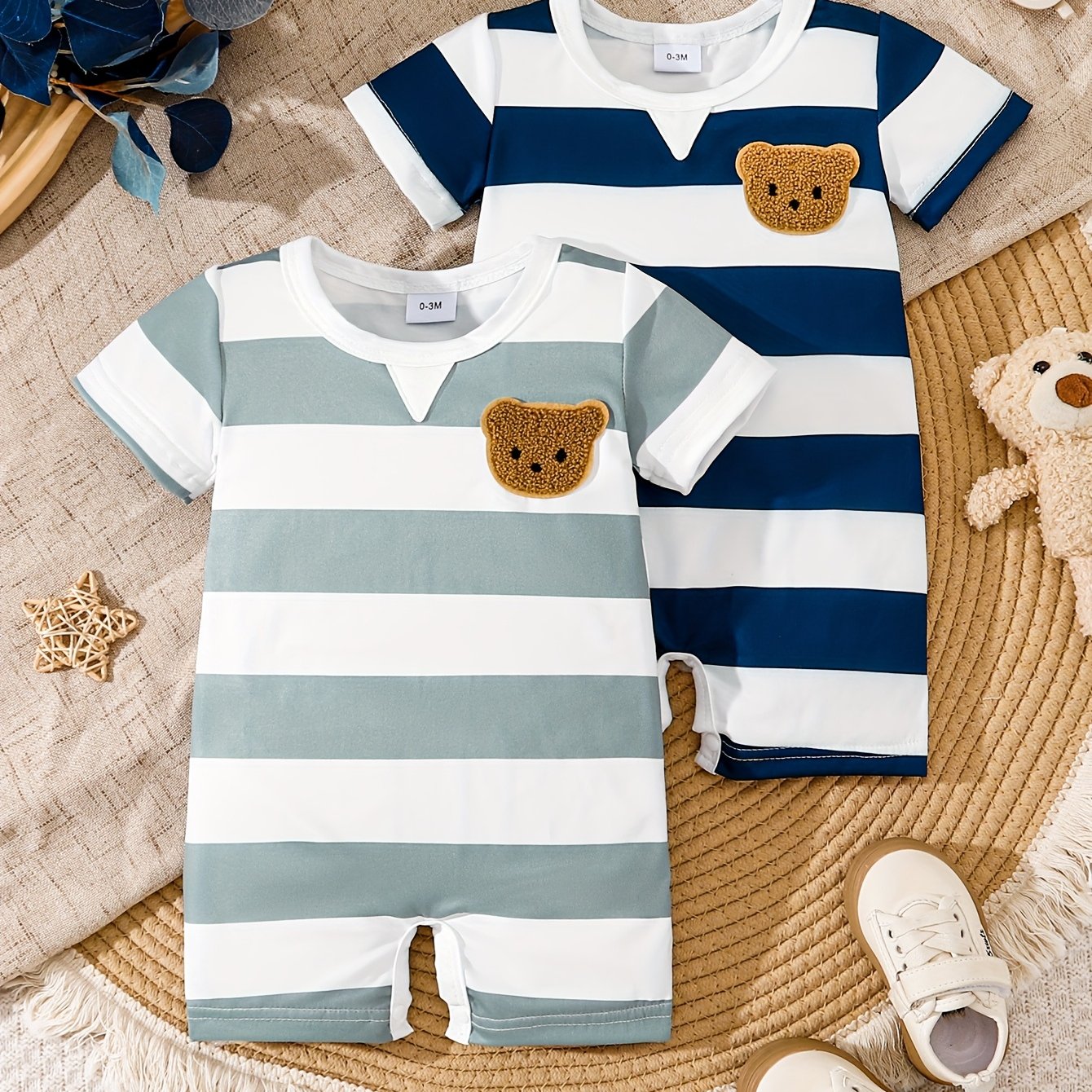 Bear Pattern Two-piece Short-sleeved Romper For Baby Boys, For Outdoor