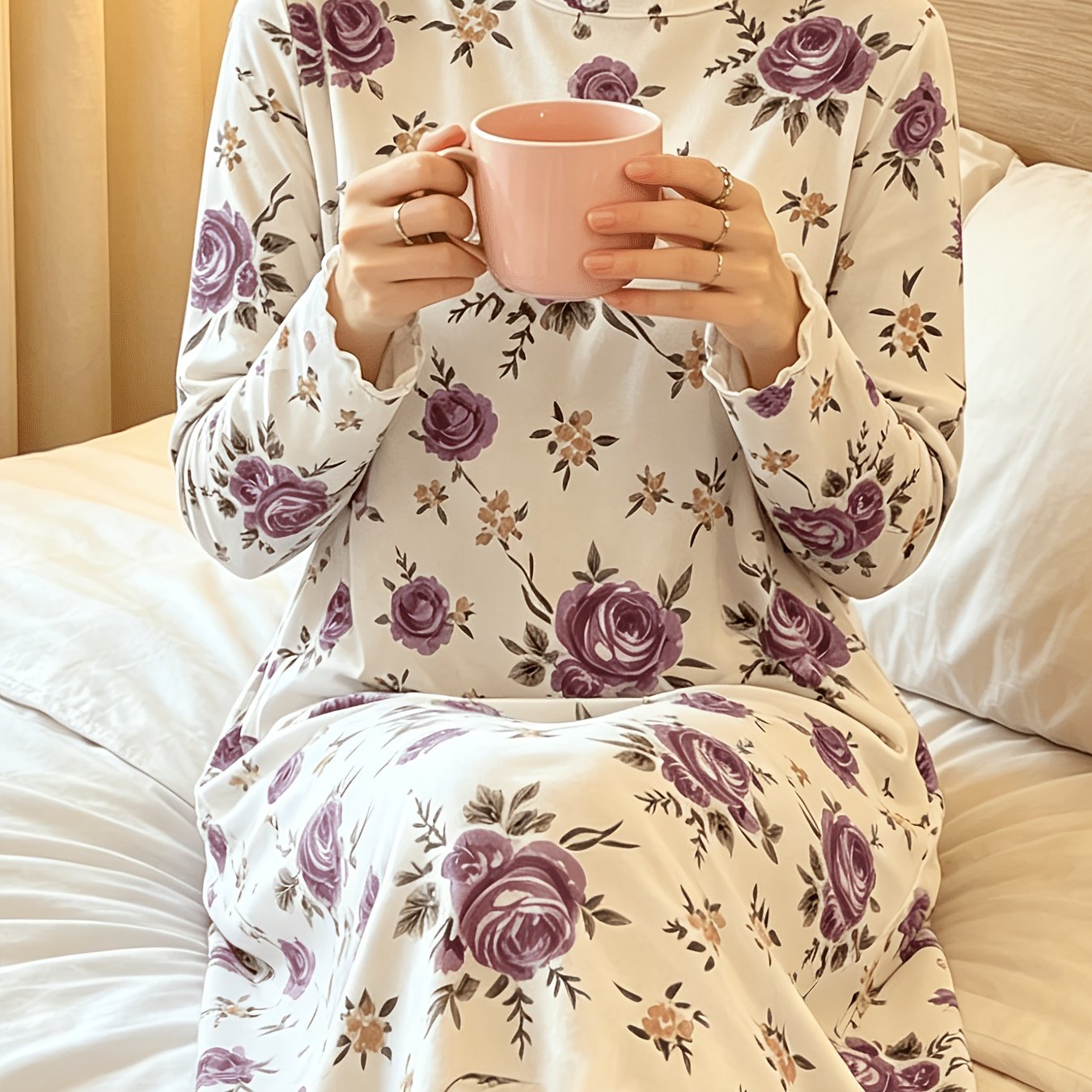 TEMU Vintage Floral Print Loose Dress, Soft And Breathable Long Sleeve Round Neck Sleepwear For Autumn/winter