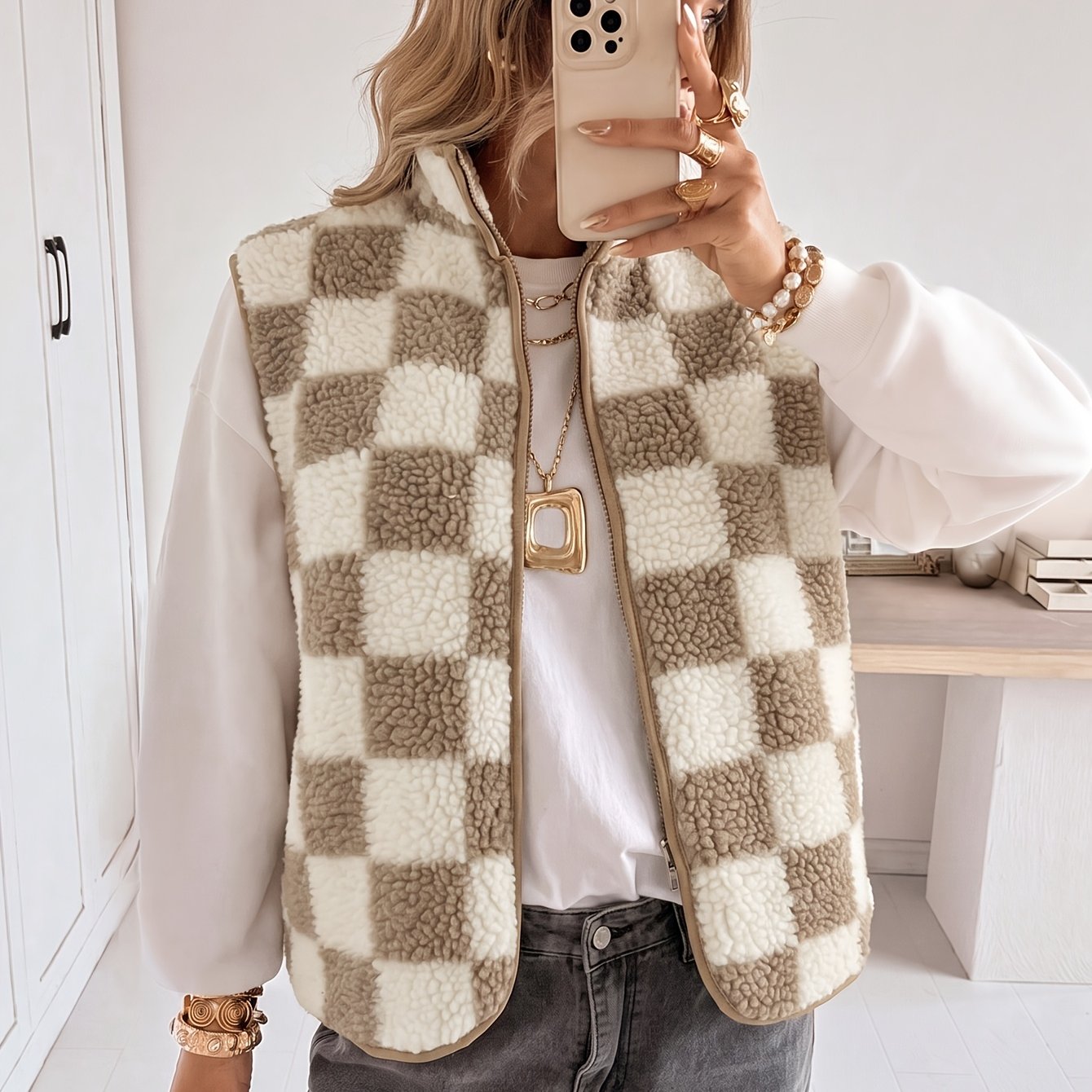 TEMU Gilet retr簷 casual in lana da donna, inverno, alla coreana, zip, bordo a , spessore aumentato, pelliccia felpata, gilet corto, top a canottiera